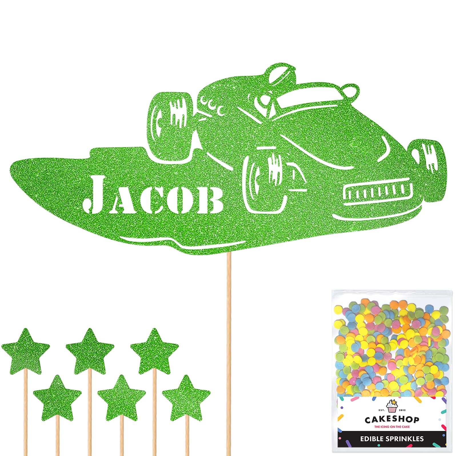 Personalised Classic Vintage Car Glitter Topper - Green Custom Name Glitter Cake Decoration and Sprinkles - Happy Birthday Decorations - Personalised Toppers for Cakes by Cakeshop