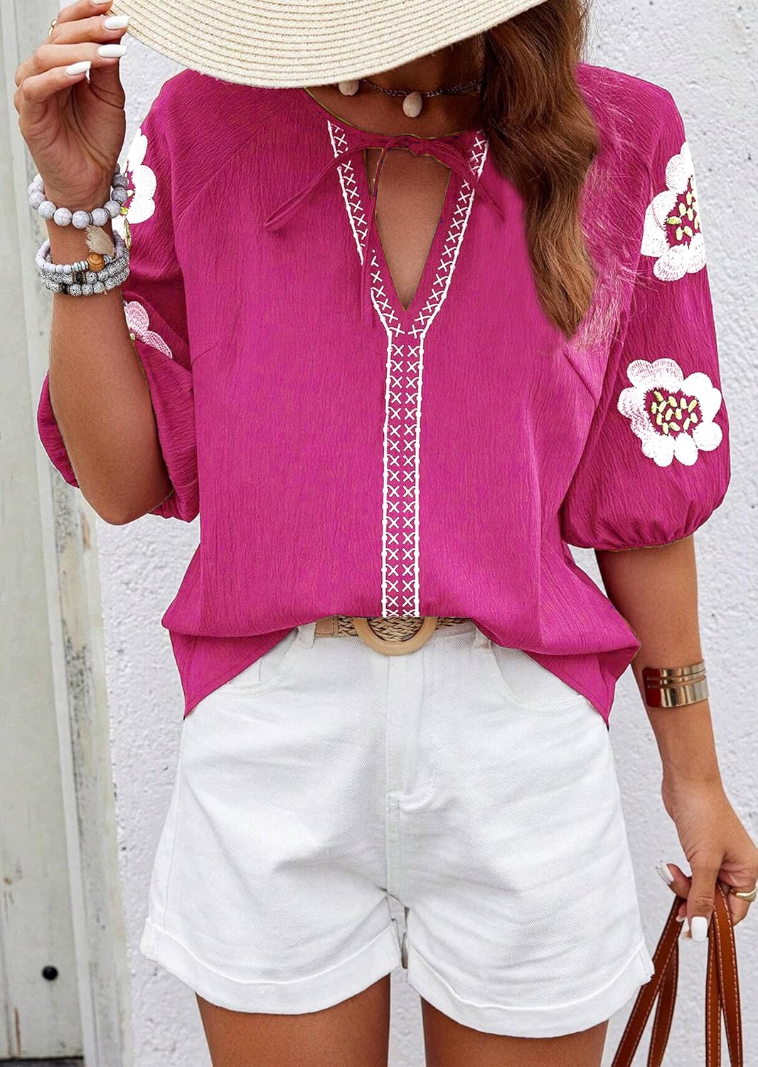 HVEPUO Summer Puff Short Sleeve Shirts for Women V Neck Boho Vacation Floral Embroidered Blouses Casual Cute Going Out Tops - Image 5