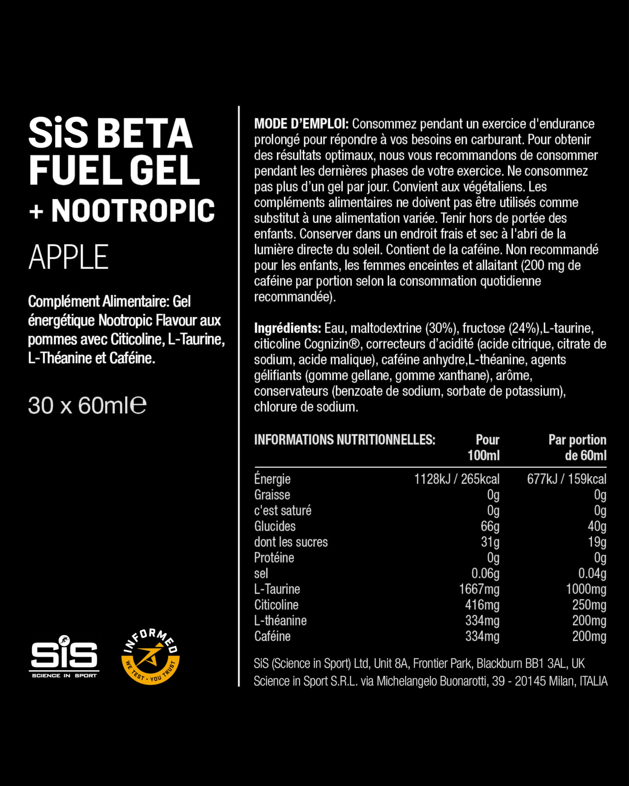 Science in Sport BETA Fuel + Nootropics Manzana 30x60ml – Energy formula rico en carbohidratos con 40g de hidratos de carbono para deportes de resistencia