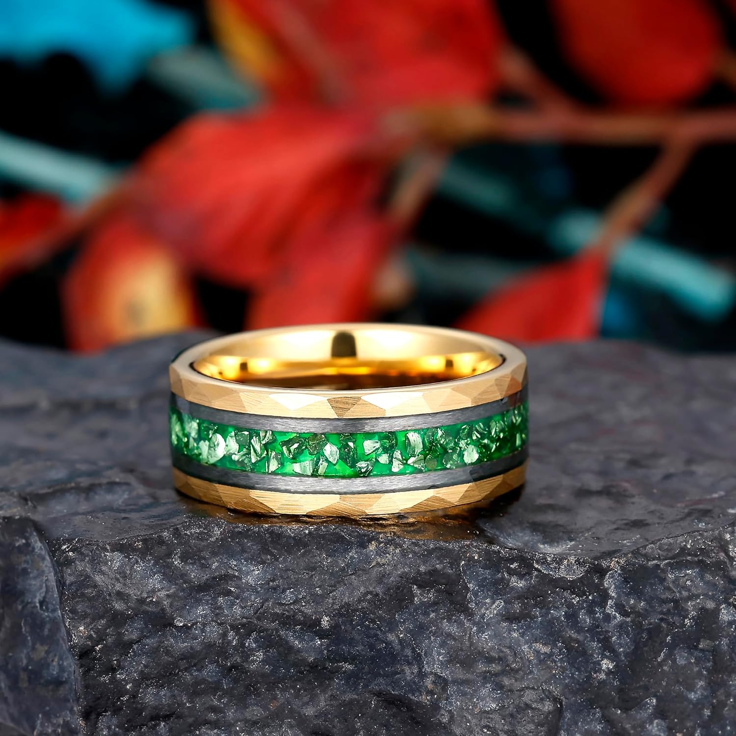 8mm 14K Gold Plated Mens Tungsten Created Wedding Bands Hammered Lab Emerald Tungsten Anniversary Rings for Men May‘s’ Birthstone Promise Rings for Him Size 12 - Image 2