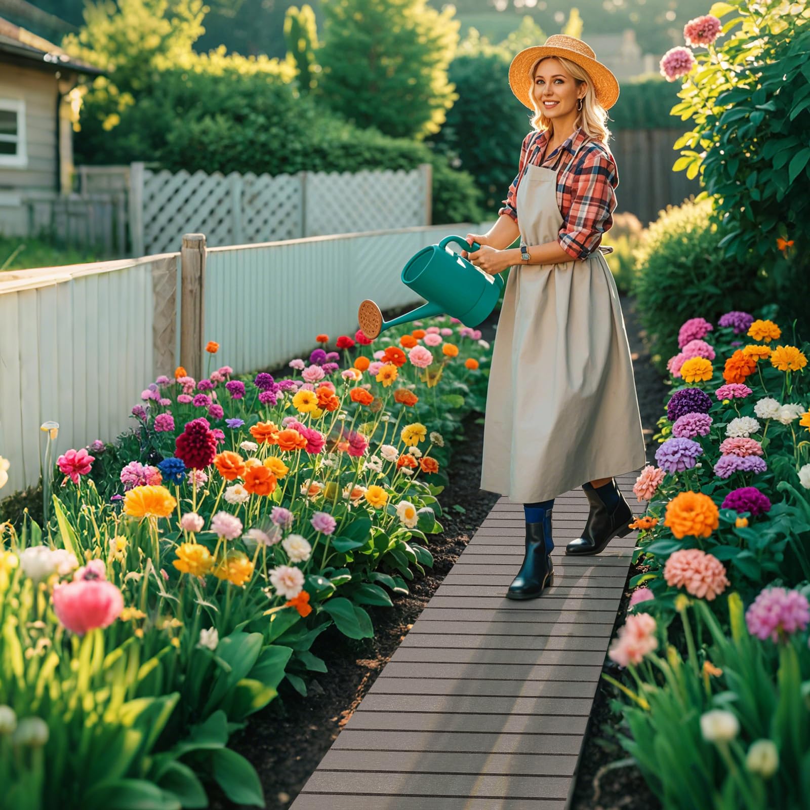 RELAX4LIFE Rollweg wetterfest, Gartenweg aus HDPE, 242 x 55 cm, Gehweg ausrollbar, Gehwegplatte mit Metallverbindung & simulierter Holzmaserung, Trittplatte für Garten, Terrasse, Hochzeit, Party, Grau