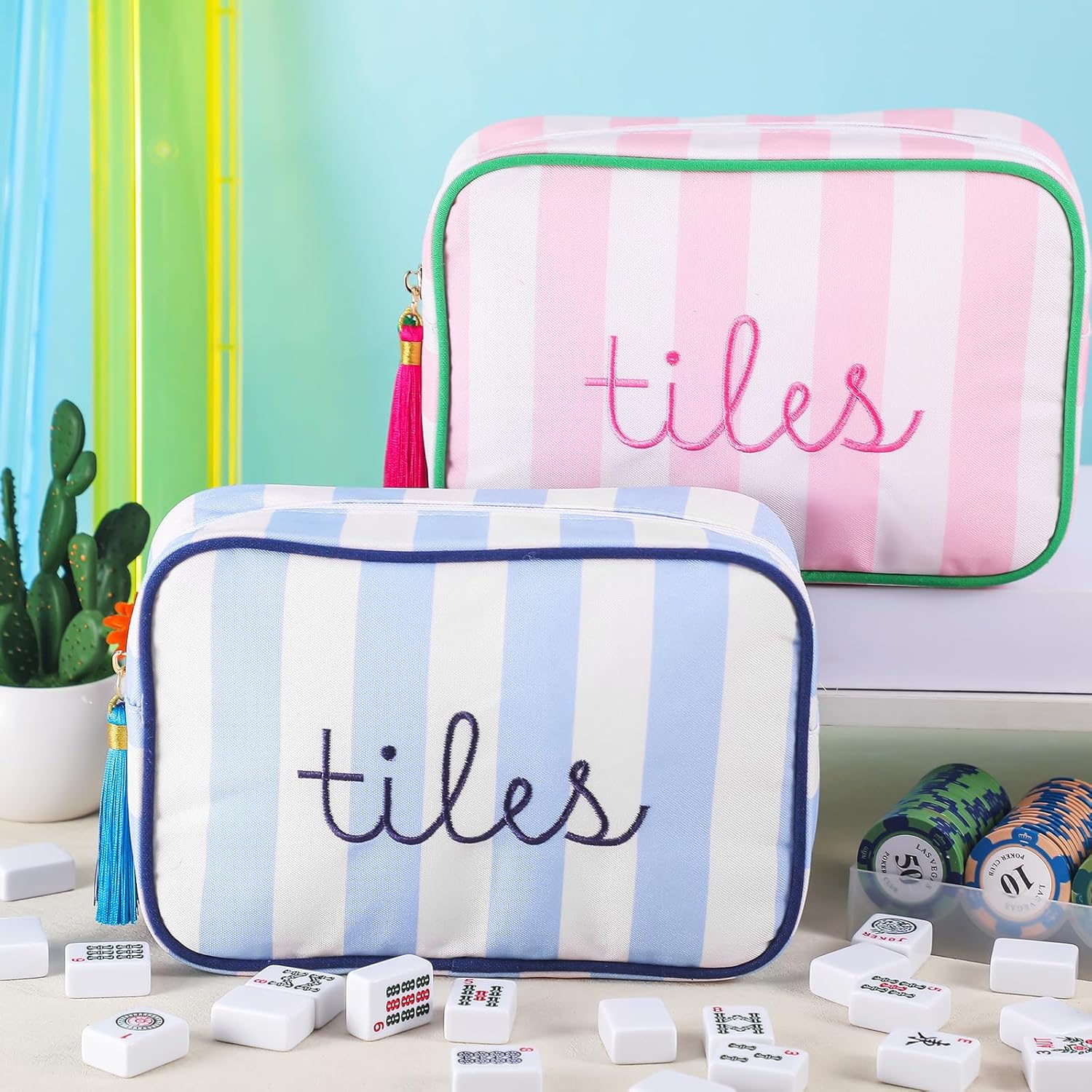 Sanwuta Mahjong Tile Bag with Zipper, Striped Embroidered Mahjong Storage Pouch Mah Jong Bags for Tiles Board Game Pieces Game Party Travel Gatherings Accessories(Pink,Classic)