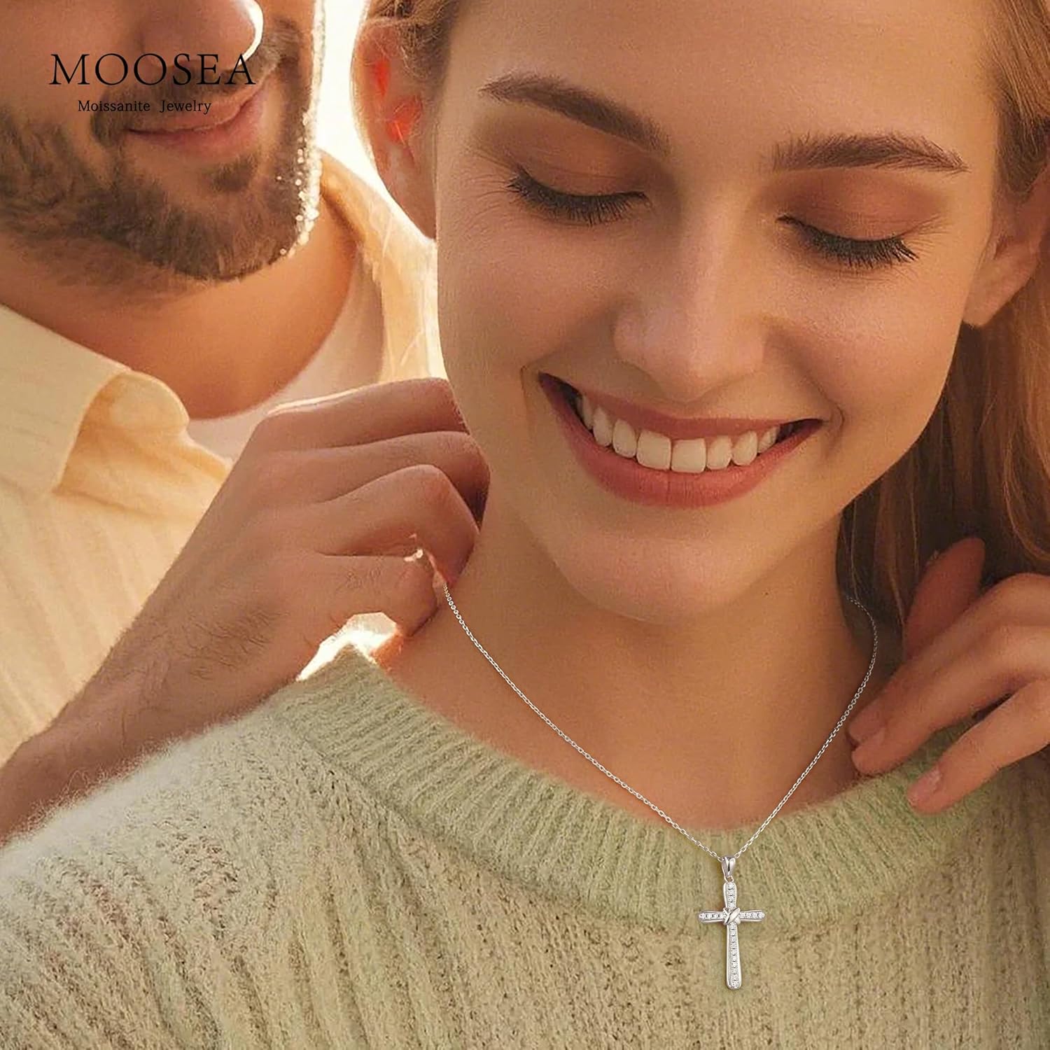 MOOSEA Moissanite Cross Necklace for Women, D Color VVS1 Clarity Lab Created Moissanite Necklace, 925 Sterling Silver Cross Necklaces, Anniversary Christian Gifts for Women - Image 3