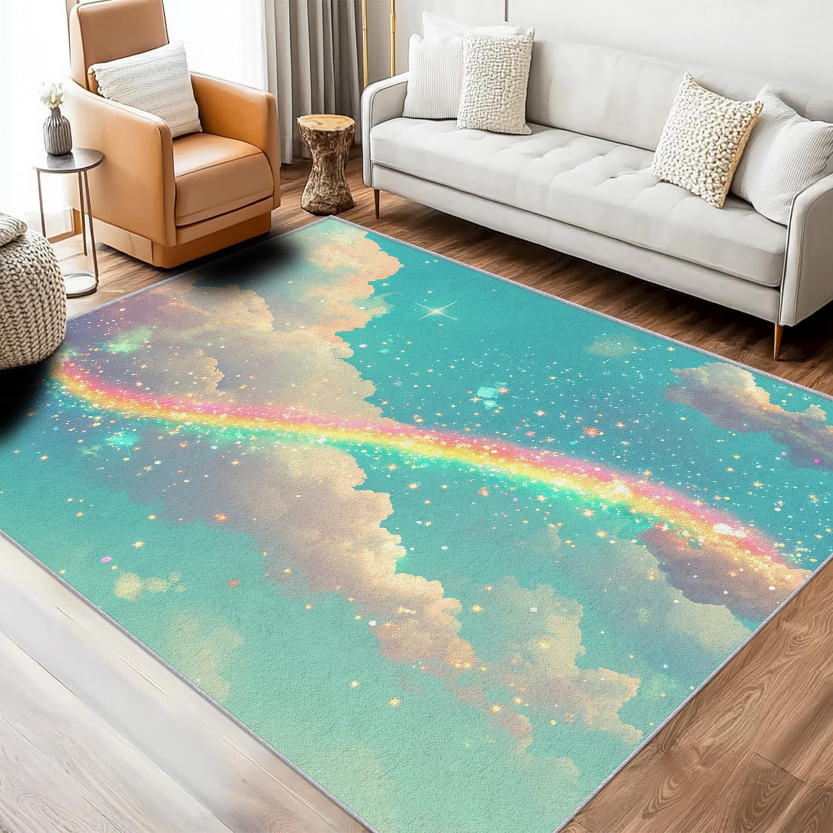 Tapis étoile arc-en-ciel bleu-vert 200x230cm lavable pour salon