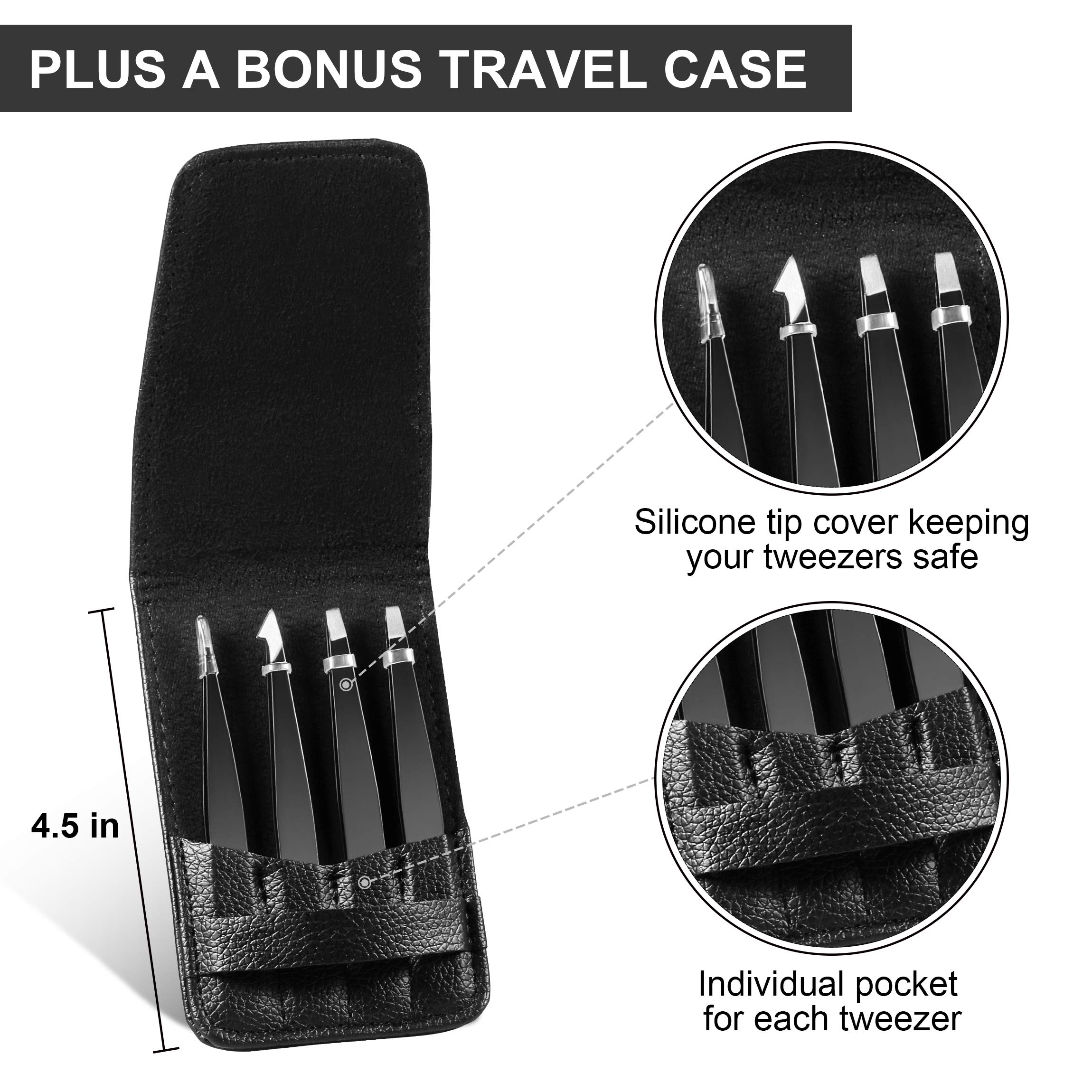 Tweezers Set, 4 pcs Professional Stainless Steel Tweezers, Eyebrow Tweezer Set with Travel Case for Eyebrows, Facial Hair, Ingrown Hair, Splinter and Blackhead (Black)…