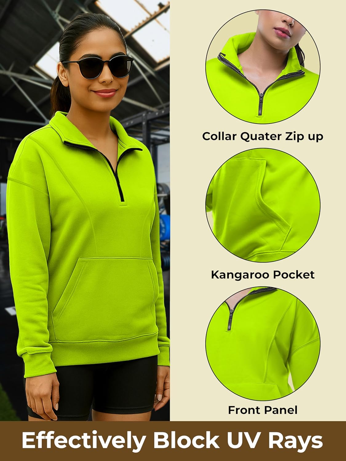 URBAN BUCK Womens Fleece Lined Hoodie High Visibility - Long Sleeves Arryn Quarter Zip Up - Neon Green Oversize Pullover Sweatshirt Top (XL) - Image 4