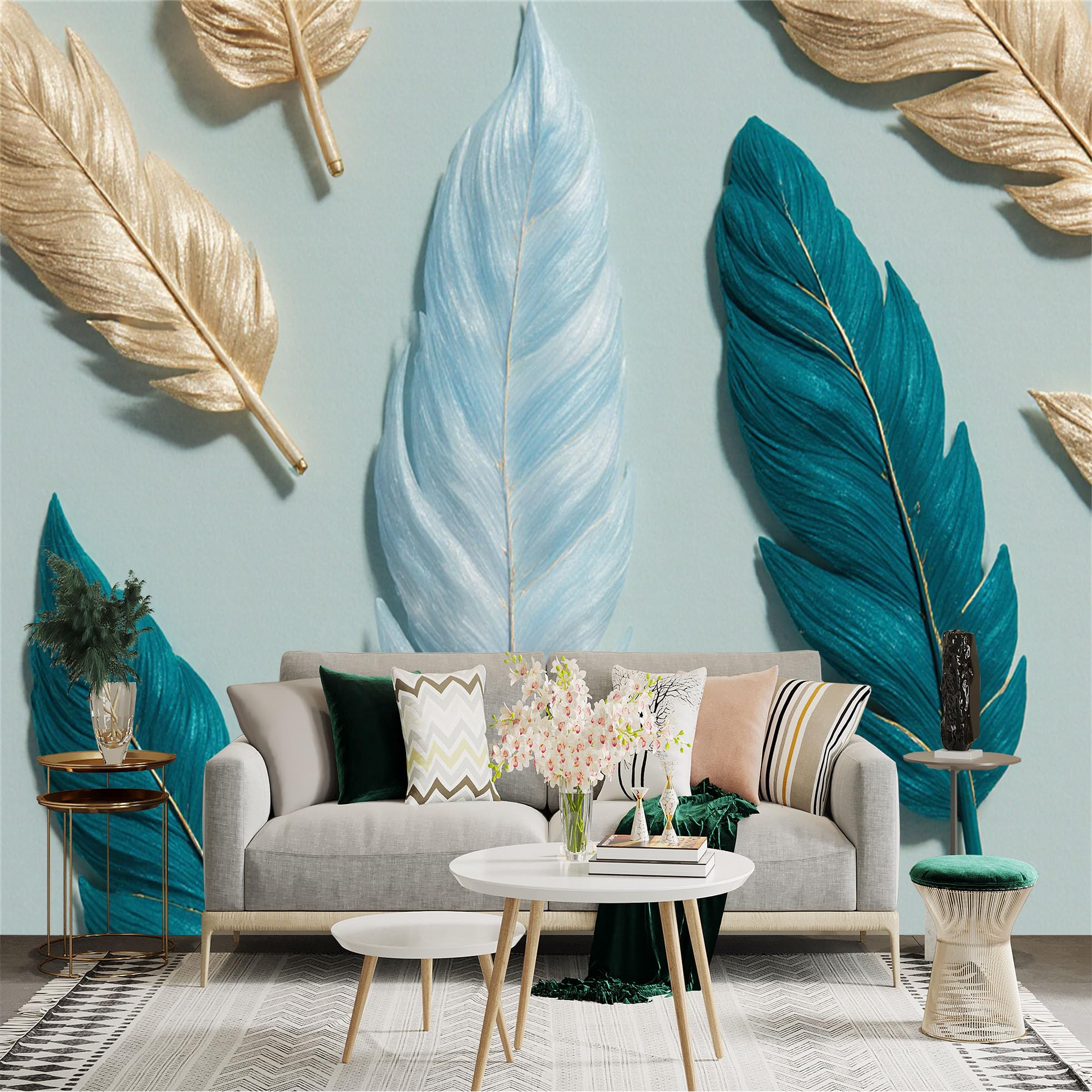Custom Size Wall Sticker Mural， Blue and Gold Feathers， Elegant Feather Pattern， Modern Minimalist Decor， for wall Decoration， peelandstick wall Decals.