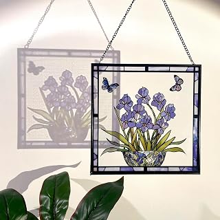 Handcrafted Blue Iris & Butterfly Stained Glass Suncatcher - 8x8" Real Glass Window Panel, Nature Decor & Unique Gift