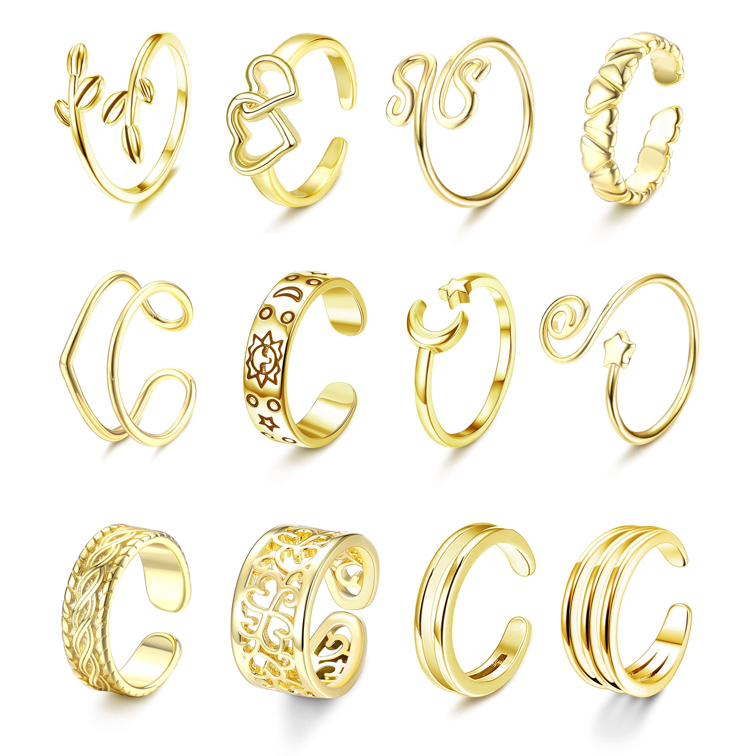 Magitaco12PCS 14K Gold Plated Adjustable Toe Rings for Women Summer Beach Open Toe Rings Set Heart Leaf Knuckle Midi Tail Pinky Rings Barefoot Hawaiian Foot Jewelry