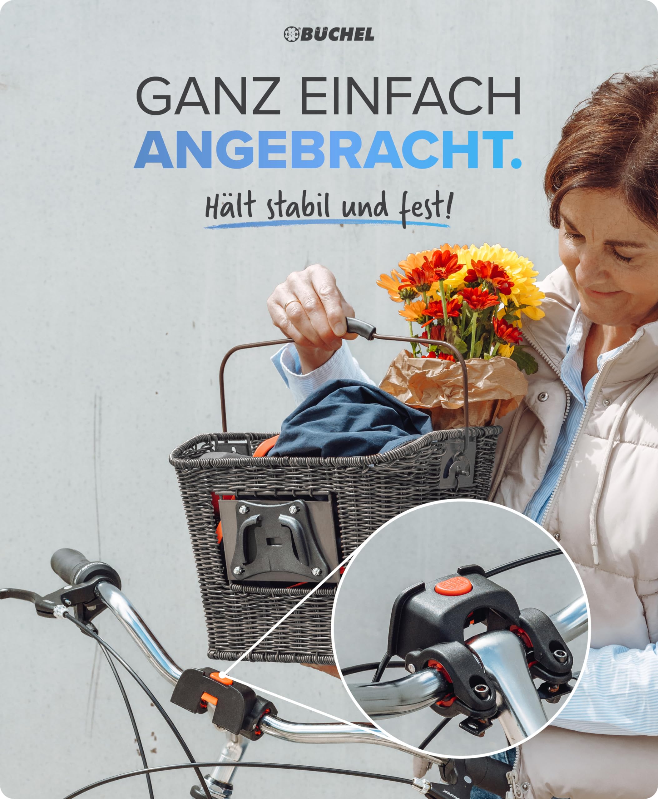 Büchel Fahrradkorb Vorne aus Polyrattan I mit innovativer Schnell-klick Halterung I Fahrrad Korb für vorne 35x26x25 cm I Fahrradkorb Lenker, lenkerkorb Fahrrad