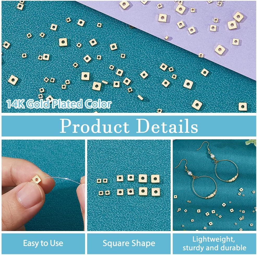 180pcs 14K Gold Plated Spacer Beads 2mm Brass Square Beads Flat Square Spacer Beads Metal Loose Beads for Jewelry Necklace Bracelets Earrings Making DIY Crafts - Image 4