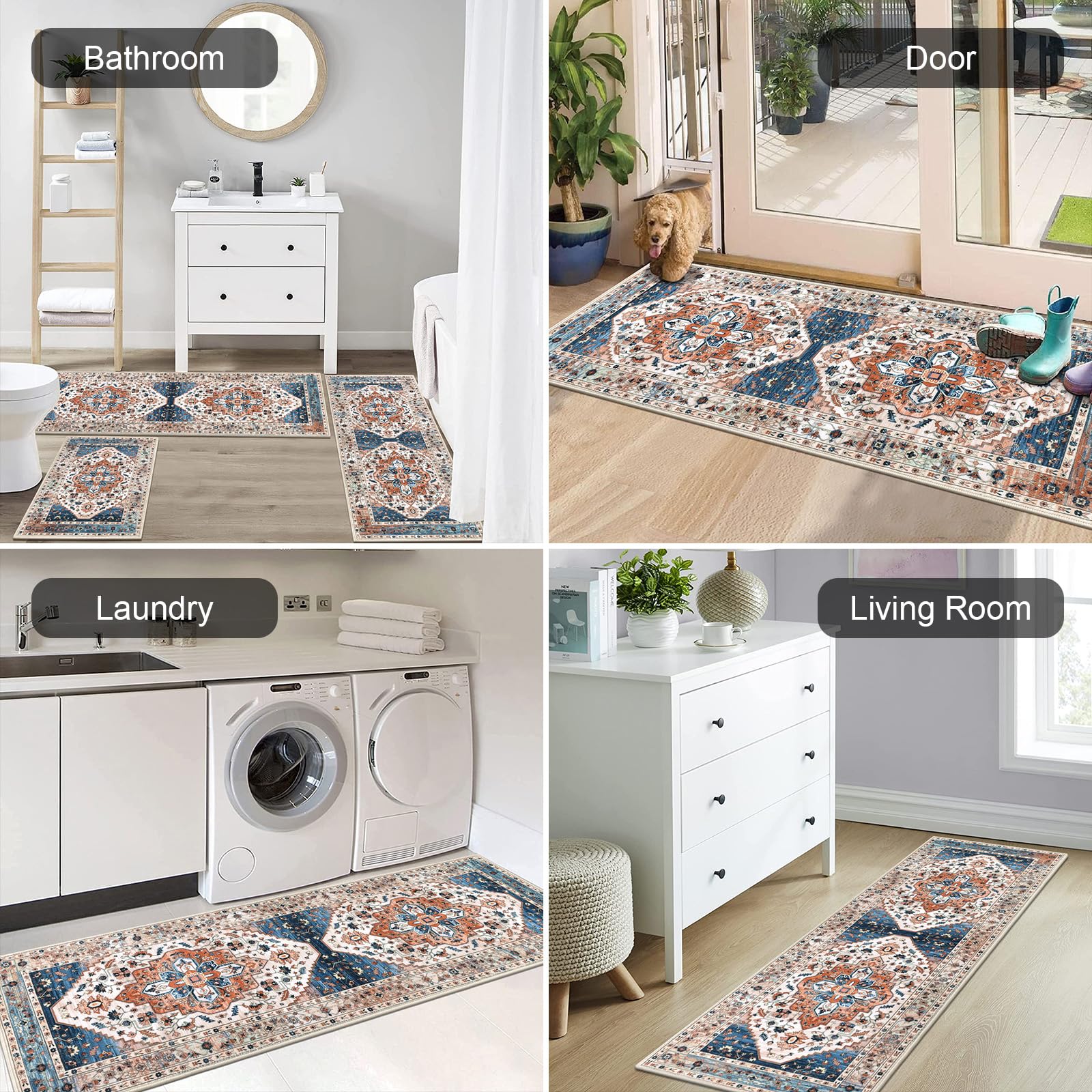 HEBE Boho Kitchen Rug Set 3-Piece – Non-Slip, Washable, Farmhouse Style Mats For Kitchen, Hallway, Laundry - View #3