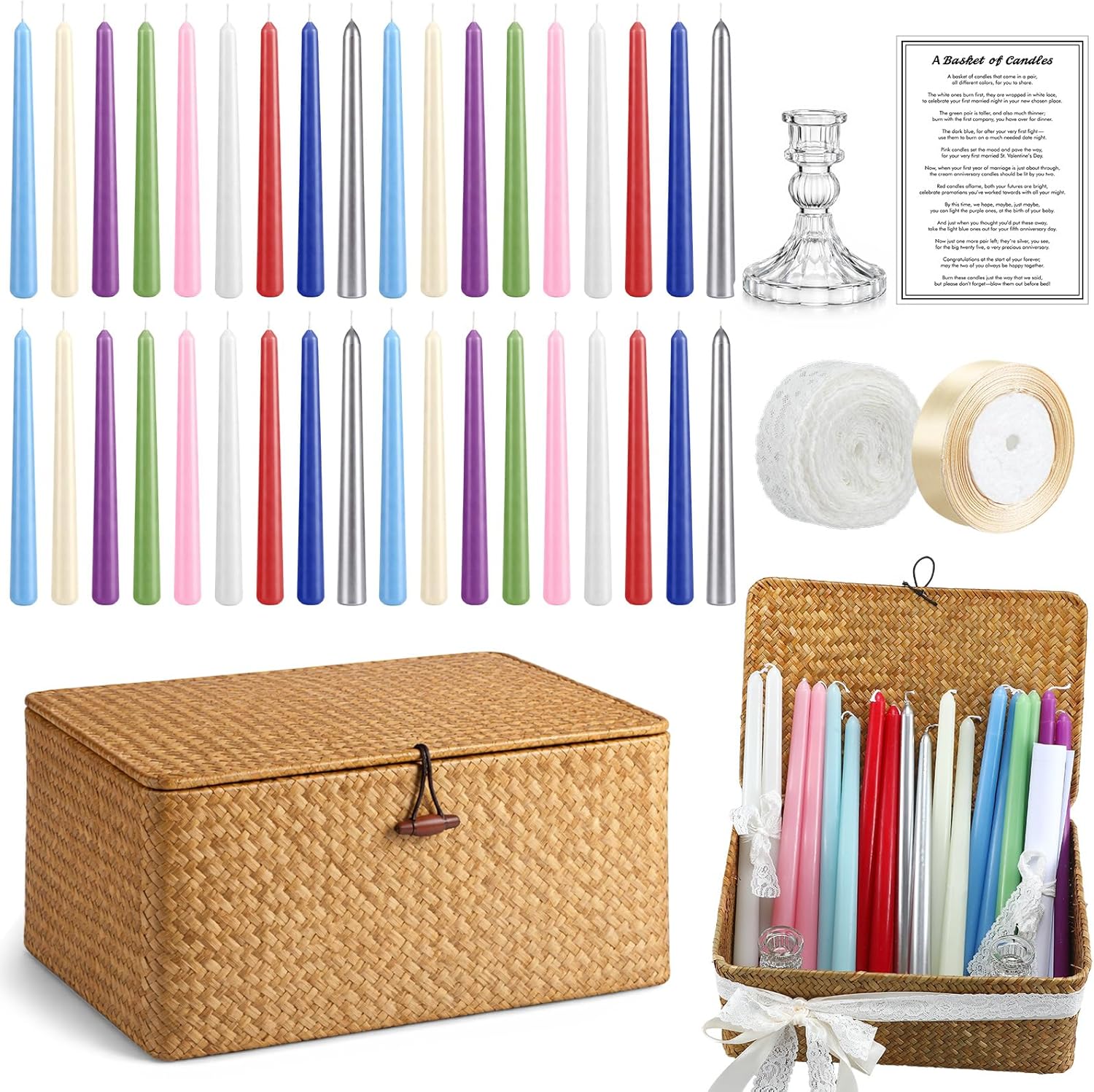 MTLEE Basket of Candles Wedding Gift Bridal Shower Wedding First Year Anniversary Candle Set for Couple Newlyweds Unique Meaningful Tradition 18 Taper Candles & 2 Glass Candleholders & Basket & Ribbon