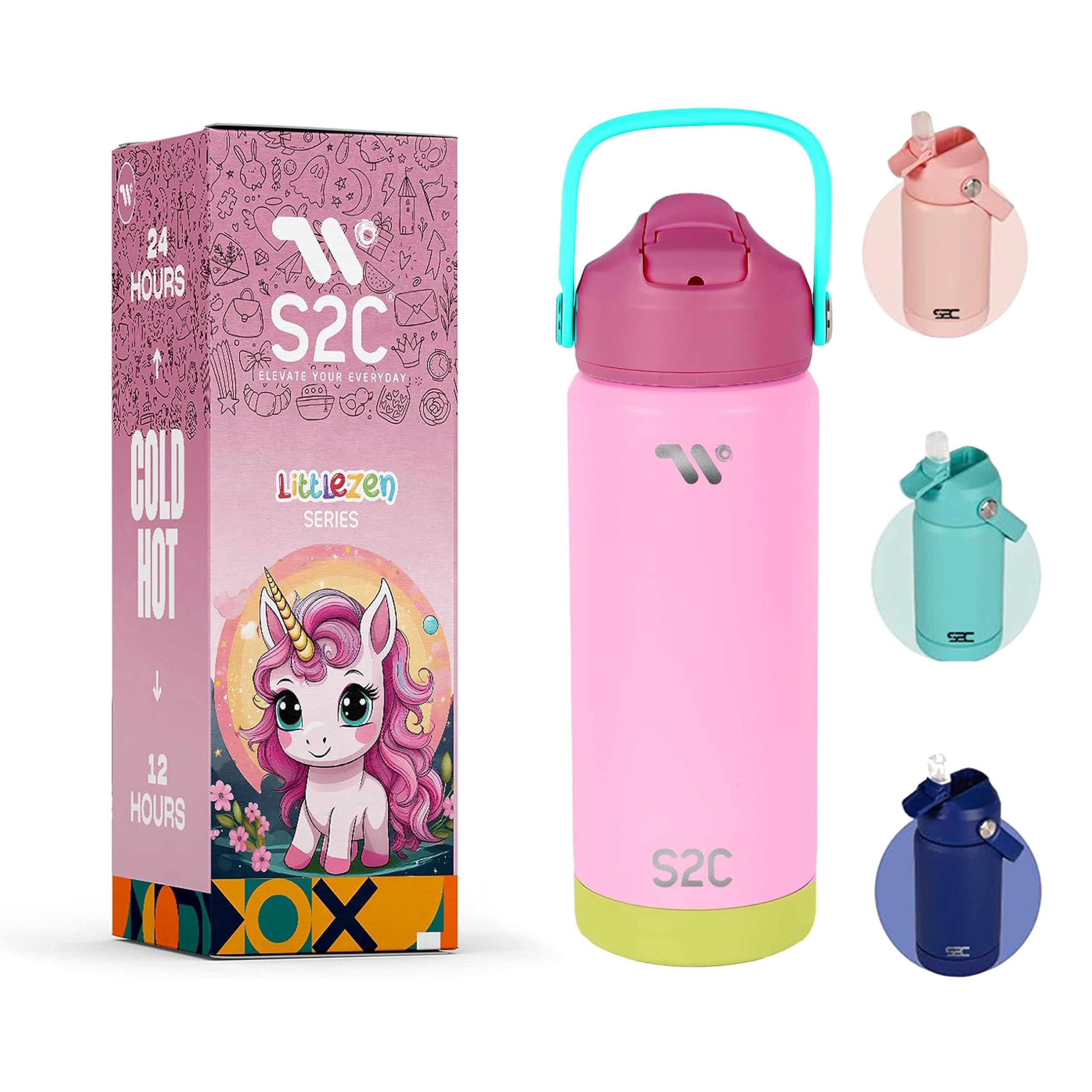 S2C LittleZen Insulated Water Bottle for Kids - 18oz / 550ml BPA-Free Stainless Steel with Leak-Proof Flip-Top Straw Lid - Cute Pastel Colors for School, Sports & Travel (MIX PINK)