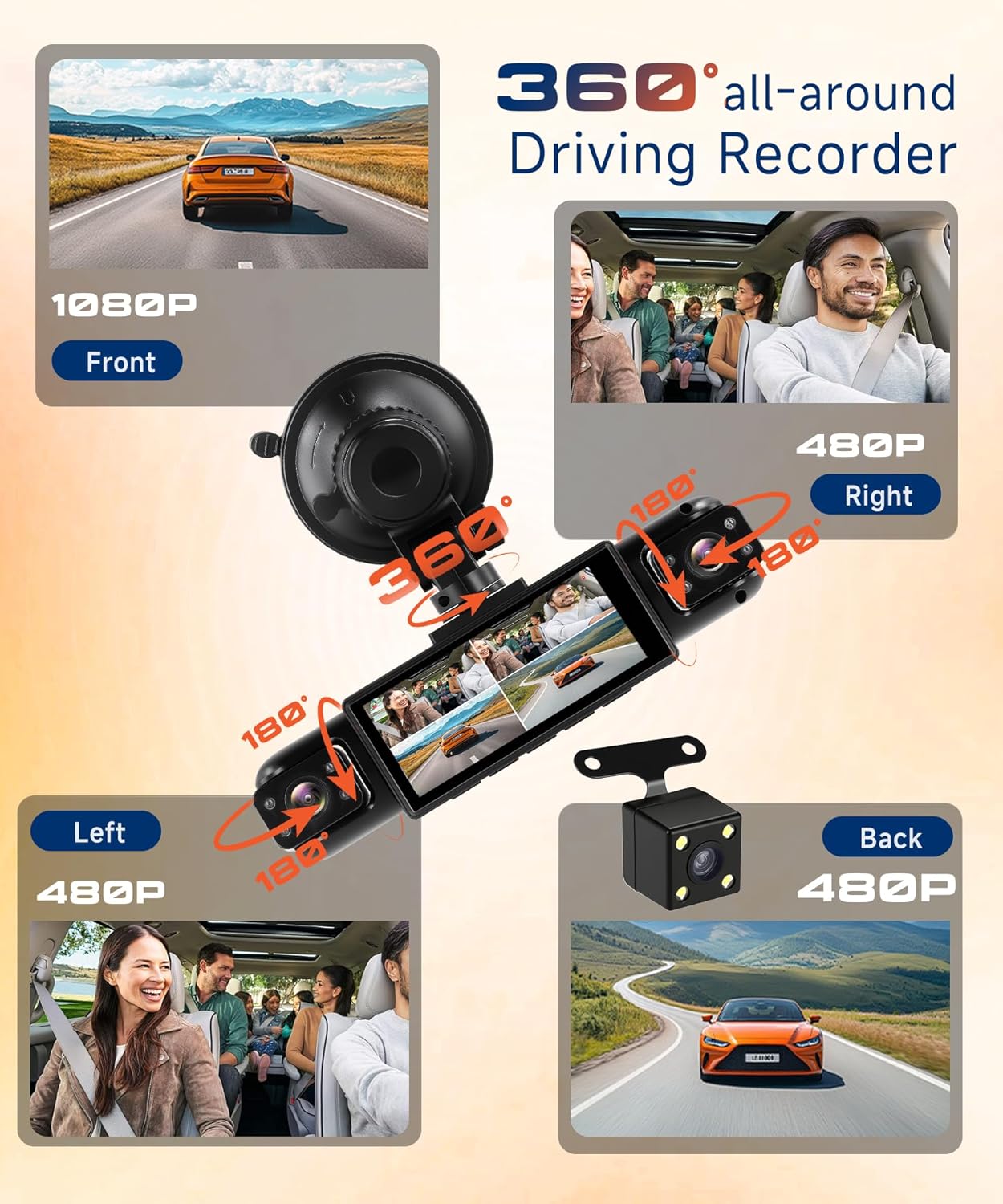 Dash Cam 360° View Front/Rear/Inside/Side 4-Channel Dash Camera for car with 3.16'' IPS Screen 1080P Dash Cam Front 64GB SD Card Included, IR Night Vision, Loop Recording, Easy Installation