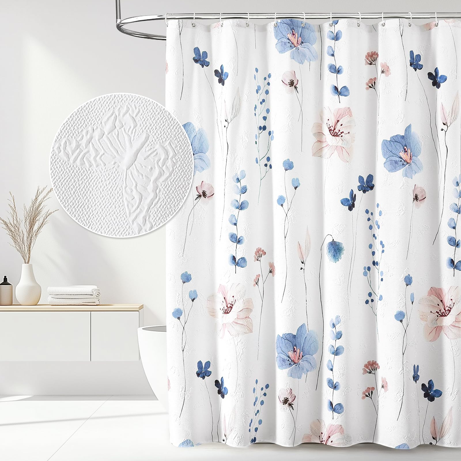 QiyI Watercolor Floral Shower Curtain, 3D Embossed Butterflies Blue Pink Flower Bathroom Curtain, Minimalist White Cloth Bath Curtain, Waterproof