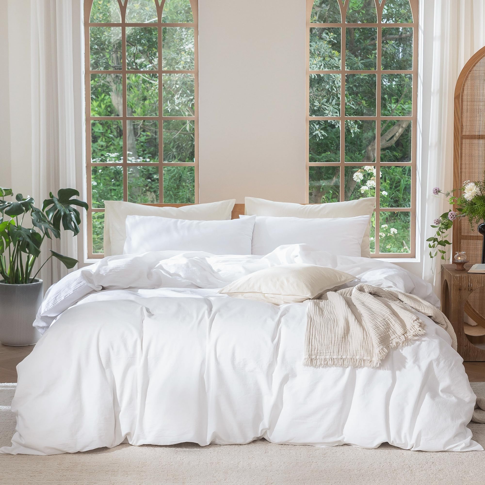 MOOMEE Bedding Duvet Cover Set - 100% Washed Cotton Linen Like Textured Breathable Durable Soft Comfy Bedding Set with Hidden Zipper Closure(Solid Bright White,Double Size)