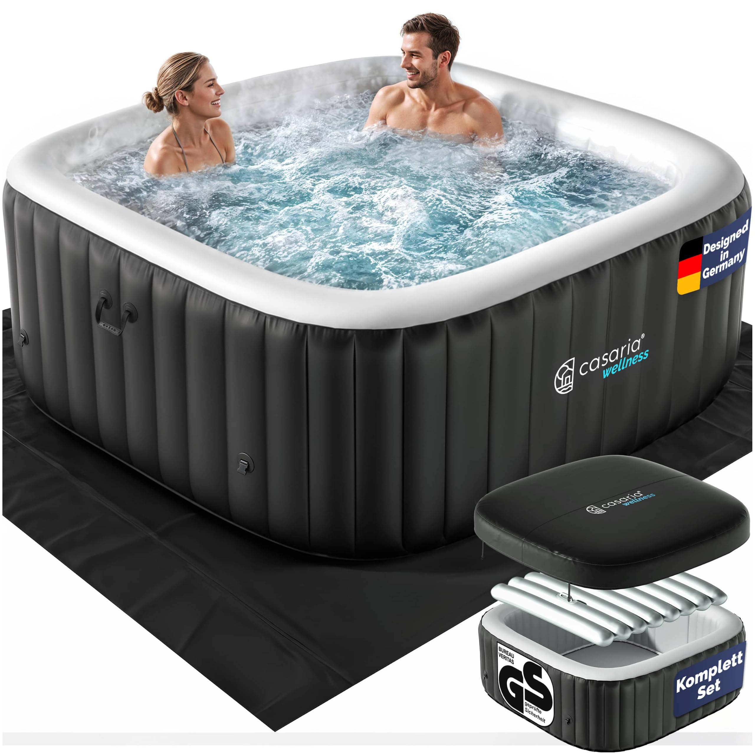 Casaria Aufblasbarer Whirlpool 178x178cm 6 Personen 140 Düsen bis 42°C Winterfest mit Frostschutz 3-lagiges PVC Spa Pool Abdeckung Filter & Zubehör Für In & Outdoor eckig