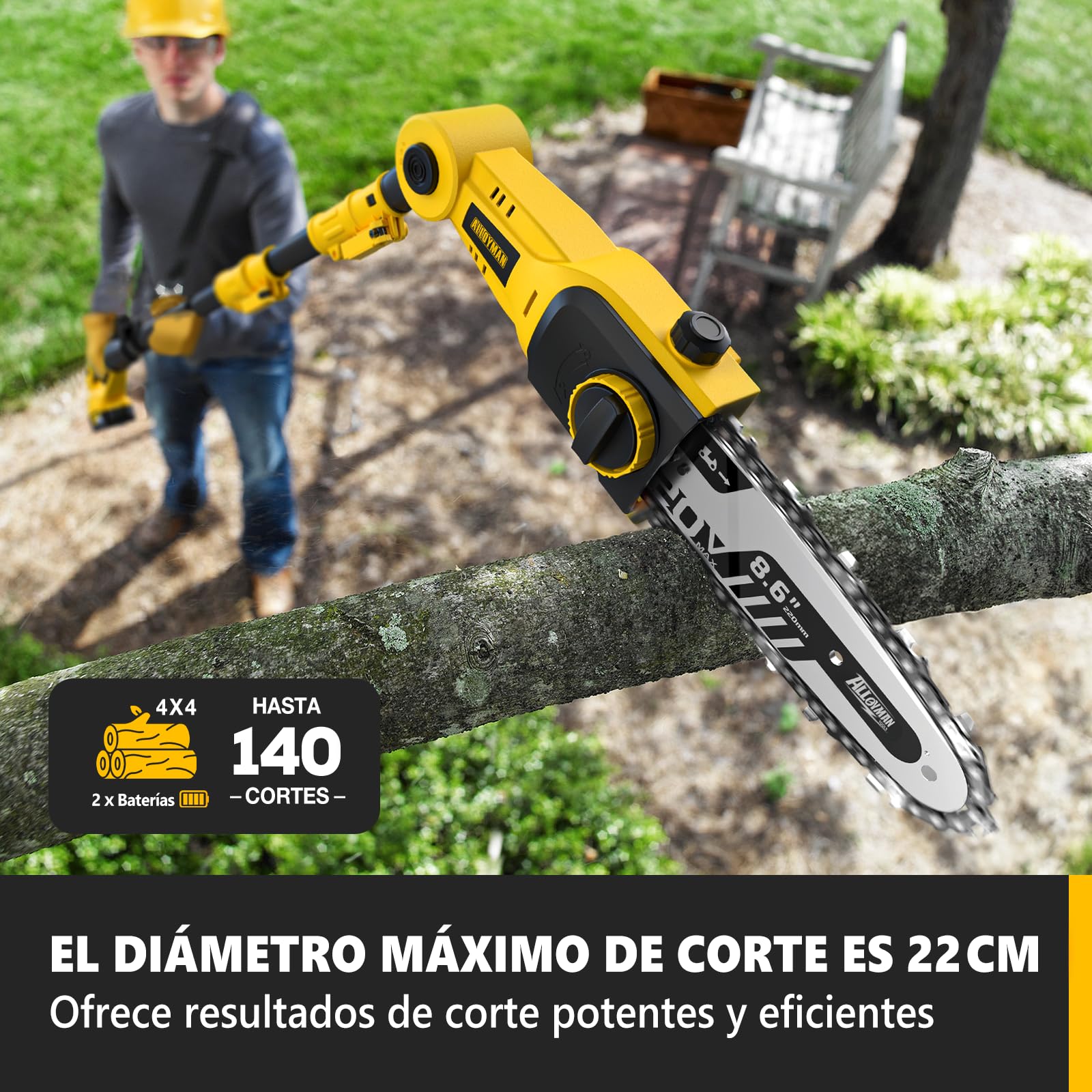 Alloyman 20V MAX Cortasetos y Motosierra Telescópica Inalámbricos 2 en 1, con 2 baterías de 4,0 Ah y Cargador, 2,4 m de Sierra y Cortasetos telescópicos para arbustos y setos