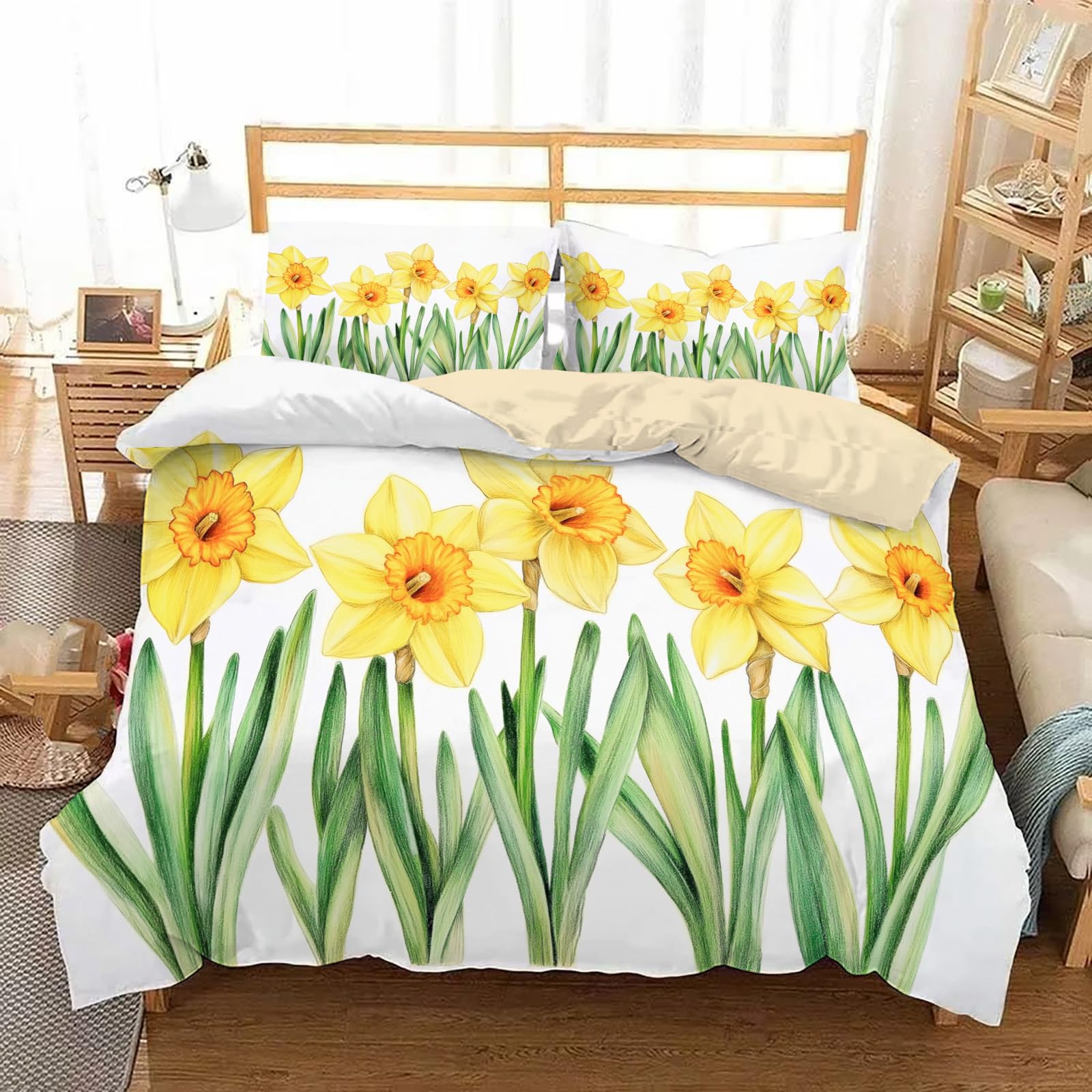 JEDTAKCT King Size Yellow Daffodils Duvet Cover Watercolor Plants King Size Bedding Sets Soft Microfiber Comforter Cover And 2 Pillowcases Quilt Covers King Size For Man Kids Children'S
