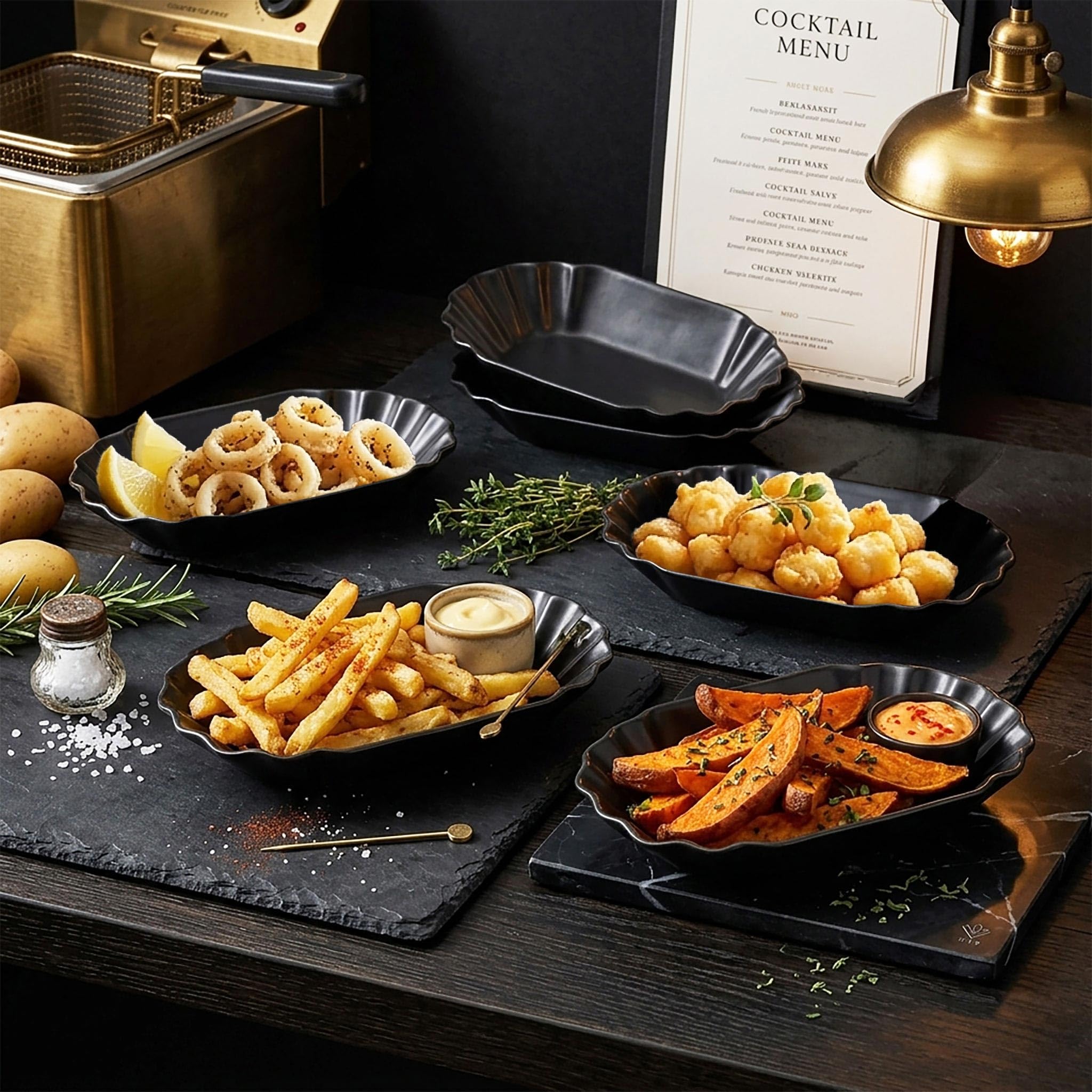 Juego de 6 cuencos para patatas fritas de porcelana, reutilizables, 20 x 10 cm, color negro | Cuenco reutilizable para salchichas y aperitivos