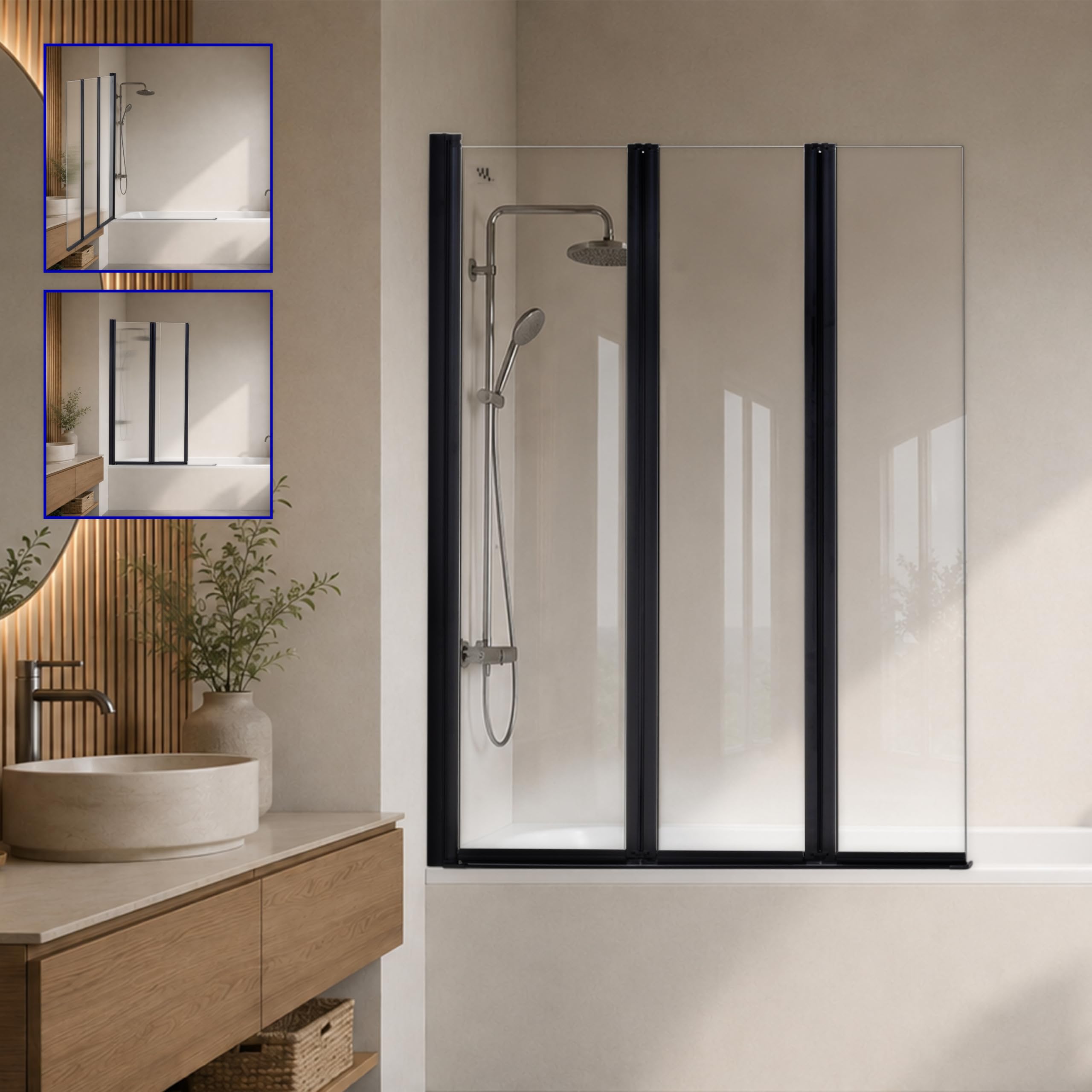 PETRA Mampara de ducha para bañera 100 x 140 cm, 3 paneles plegables, perfiles negro mate, cristal templado transparente 6 mm esg nano