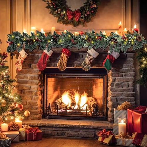 Miniatura 3 de Guirnalda de Navidad de 6 pies con luces, guirnalda preiluminada de Navidad con bayas rojas, guirnaldas de Navidad a pilas con agujas de pino para