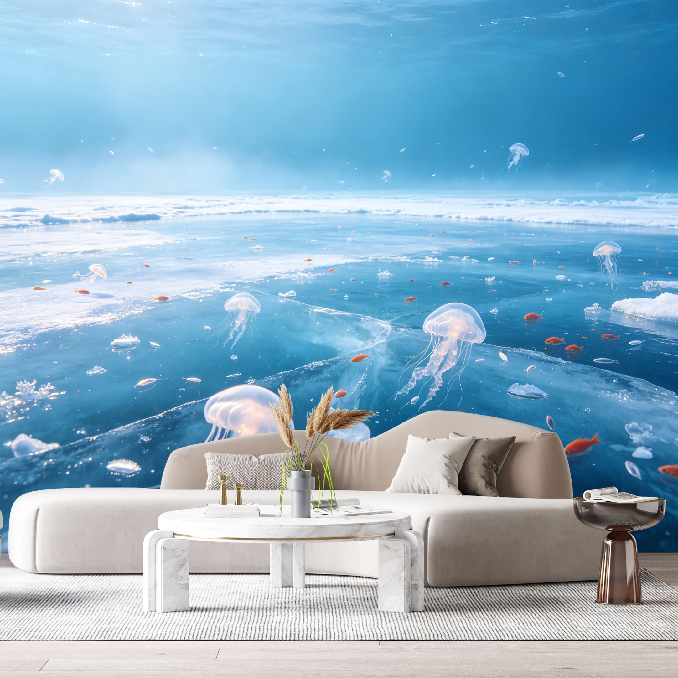 Custom Size Wall Murals Underwater Ocean Marine Jellyfish Goldfish 3D Trompe L'Oeil SelfAdhesiveWall Fabric Removable Wallpaper Wall Decor for Living Room Bedroom Bathroom