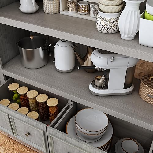 Miniatura 4 de AIEGLE Armario grande de cocina, armario de almacenamiento con estante abierto de 3 niveles y 2 cajones, armario de almacenamiento de despensa de