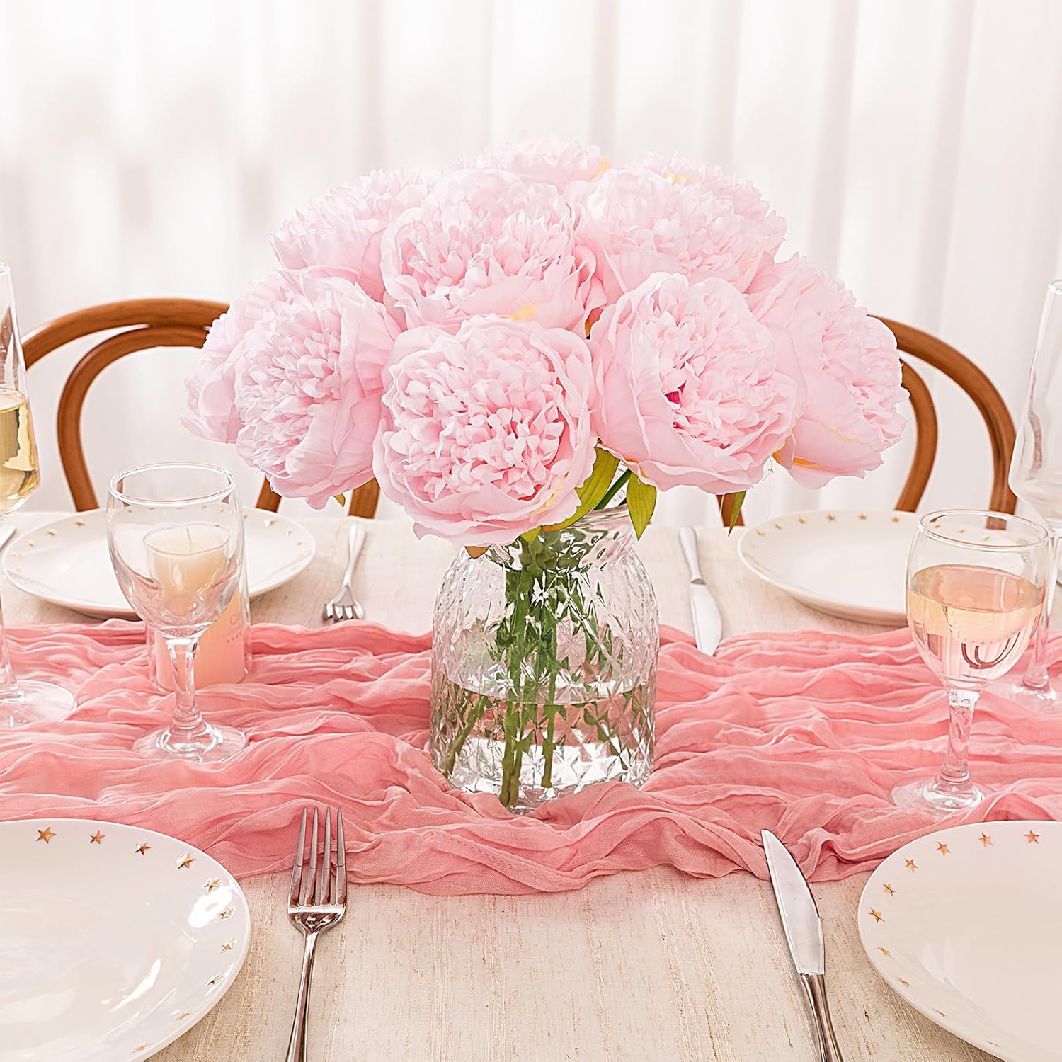 U'Artlines 20 Heads Artificial Peony Silk Flower Leaf Home Office Wedding Party Festival Bar Decor (Light Pink) - Image 9