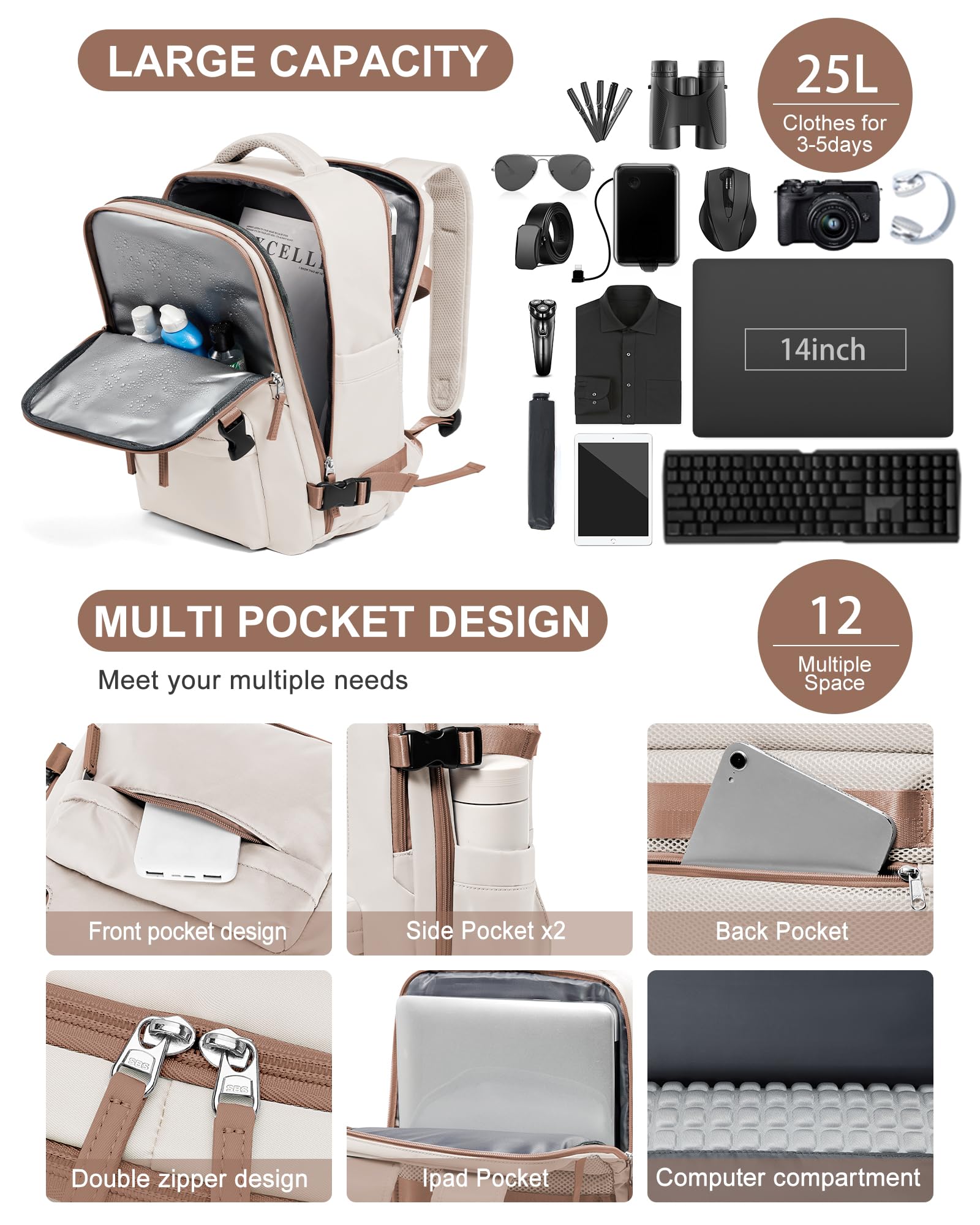 BJLFS Borse da Cabina per Ryanair 40×20×25 Zaino da Viaggio con Sottovuoto Bagaglio a Mano Easyjet 45×36×20,Zaino con sistema di compressione,Zaino Casual per laptop da 14 pollici per scuola