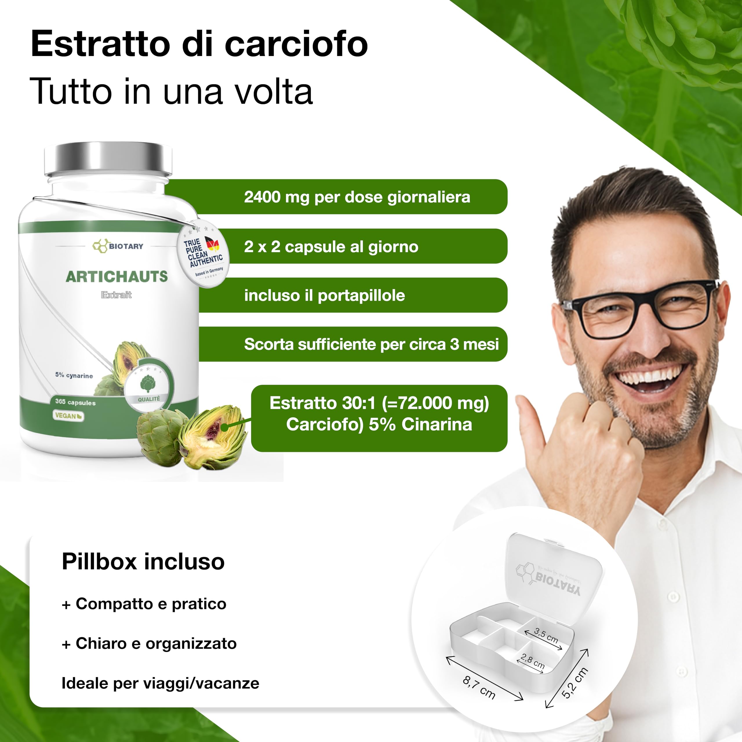 Estratto di carciofo – 2400 mg porzione giornaliera – 365 capsule – 5% cinarina (120 mg) – scatola pillole inclusa – vegano – qualità premium – dosaggio elevato