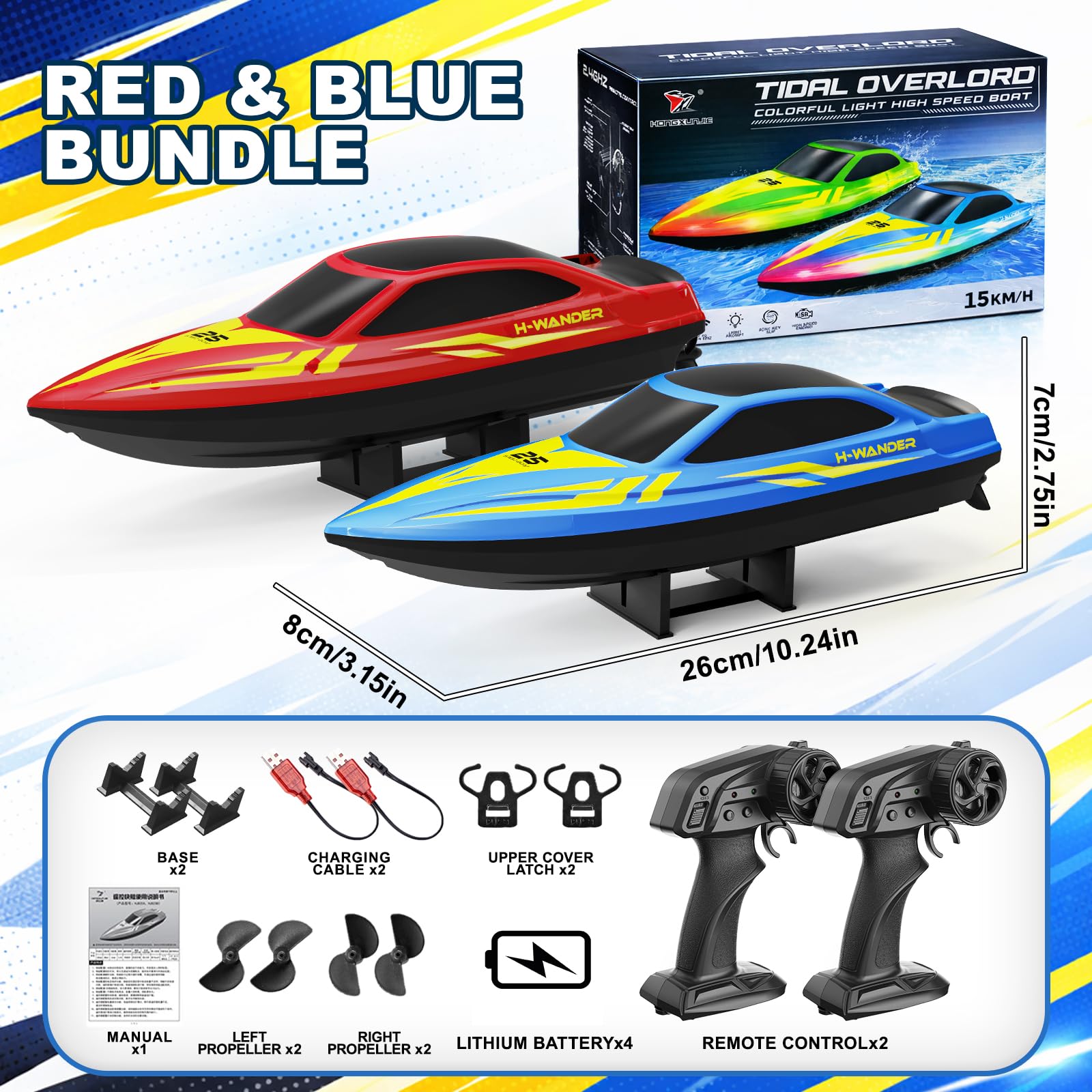 YESHIN Bateau RC Pack 2 PCS avec LED, 15 km/h Bateau à Télécommande Adapté Aux Piscines et Aux Lacs, Télécommande 2,4 GHz, Flip Automatique, Niveau de Batterie et Téléalarme, pour Enfants et Adultes