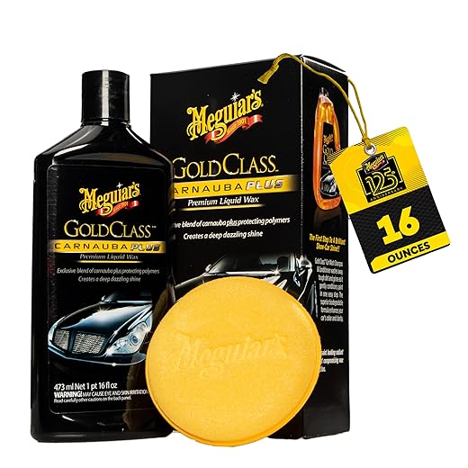 Meguiar's Gold Class Carnauba Plus Premium Liquid Wax Kit, Car Detailing Kit with a Pure Carnauba Wax Blend and a Foam Applicator Pad for Keeping Glossy Paint Protected Like a Pro, 16 Oz Bottle