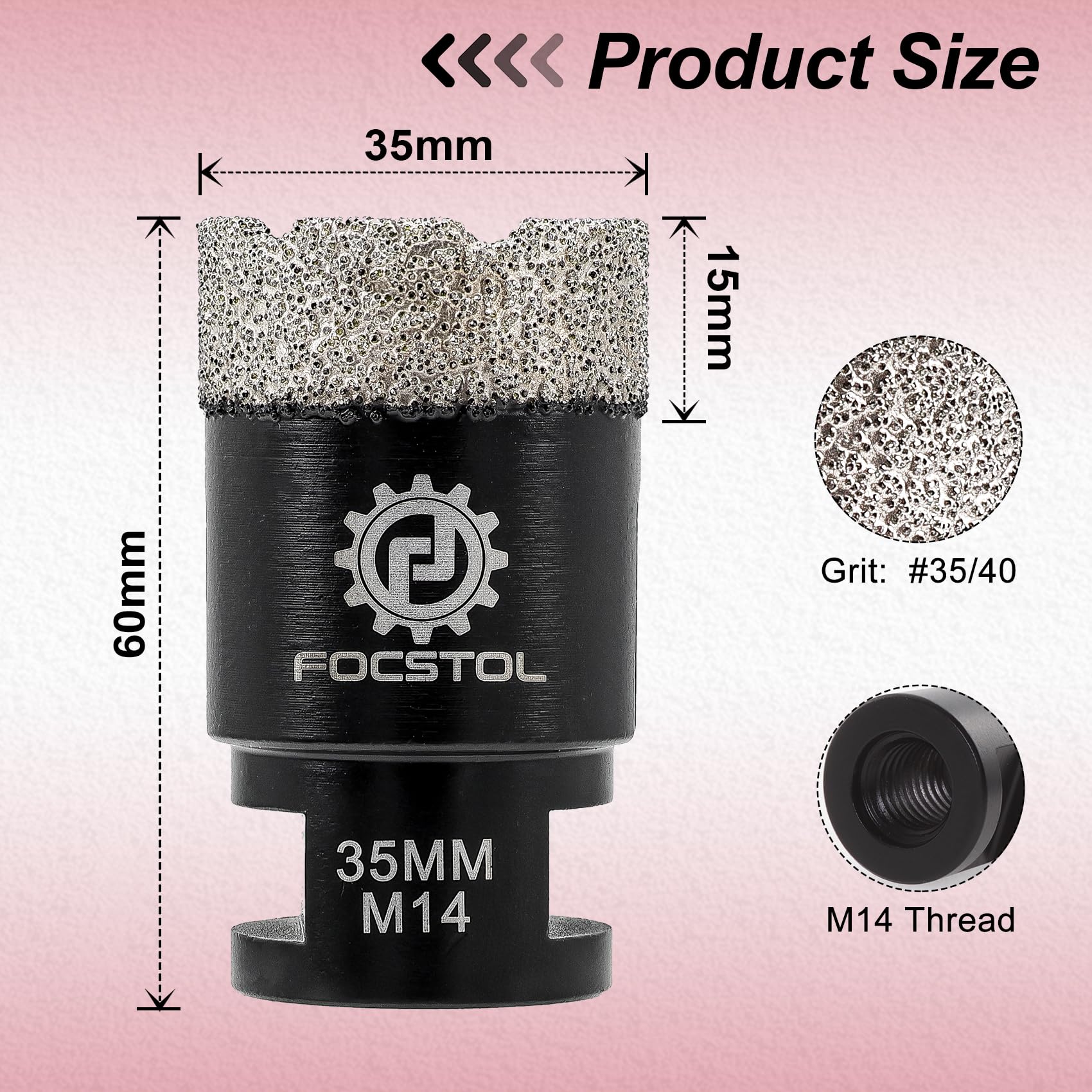 FOCSTOL Punte per Trapano Diamantate - 35mm Sega a Tazza Diamantata per Porcellana Ceramica Piastrella Marmo Granito Quarzo M14 Filettatura