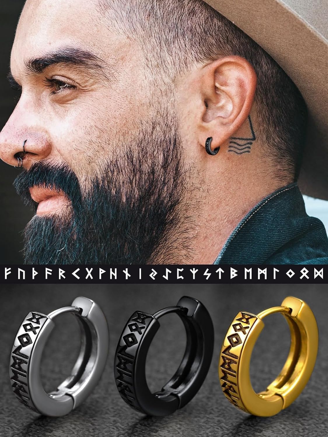 FaithHeart Norse Viking Runes Hoop Earrings for Men Hypoallergenic Stainless Steel Punk Huggie Hoop Earring Sturdy Norse Mythology Jewelry Gifts with Delicate Packaging - Image 3