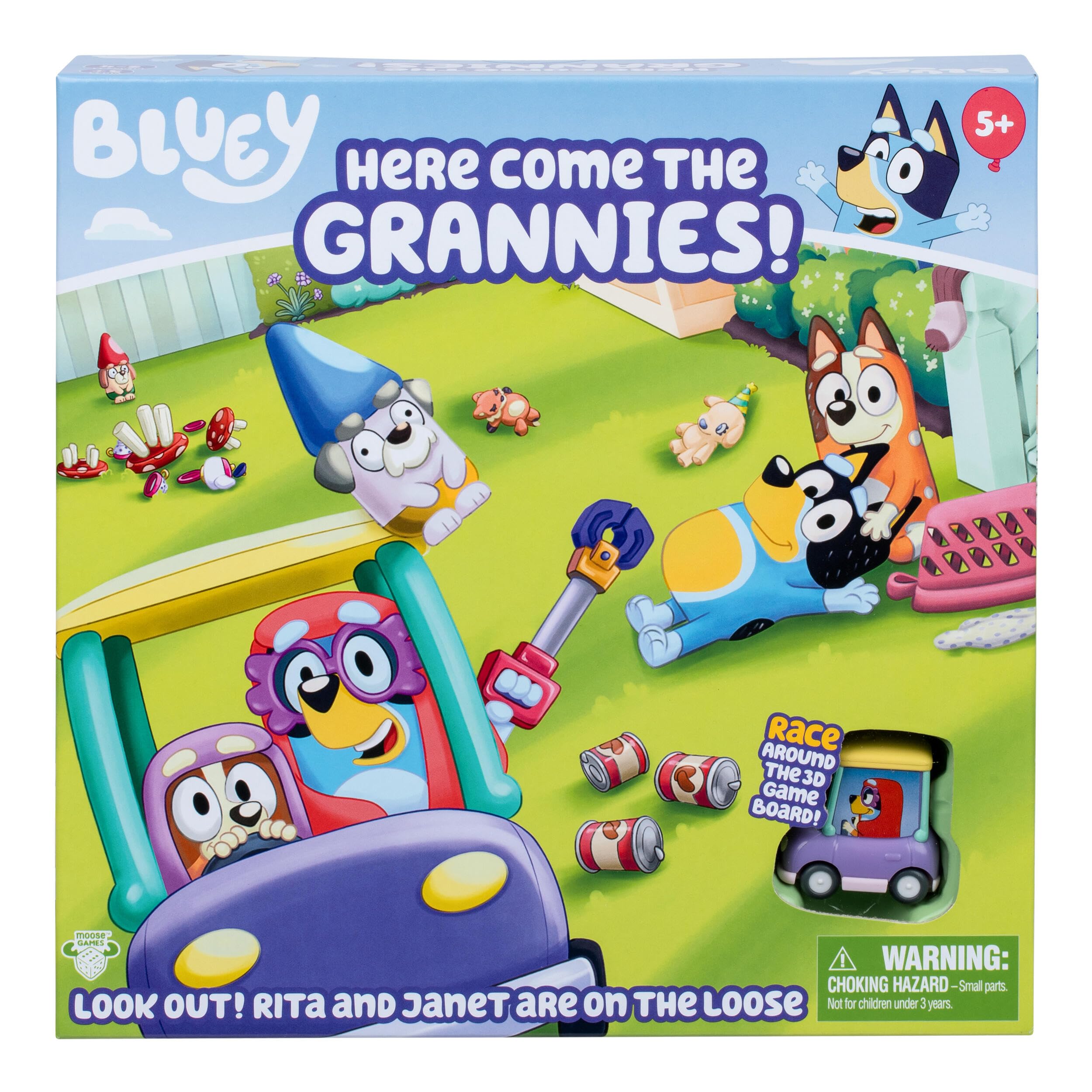 Bluey's Here Come the Grannies Game – Silly Family Fun, Spin the Spinner, Move Your Gnomes, Watch out for Janet & Rita in the Granny car! Ages 6+