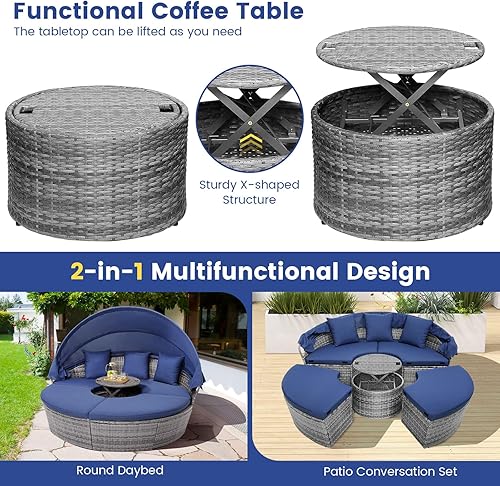 Miniatura 8 de HAPPYGRILL Sofá cama de ratán con toldo, sofá redondo de mimbre para exteriores, asiento seccional con cojines y mesa auxiliar ajustable, muebles de