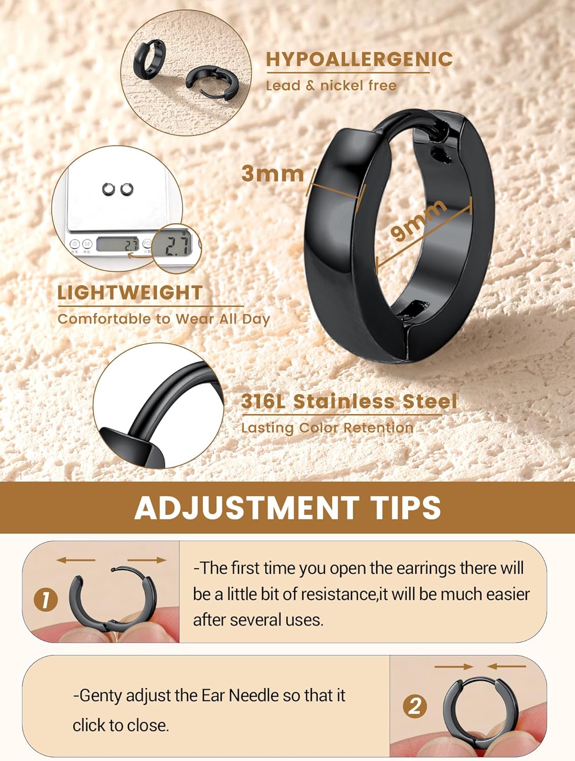 KeyStyle Small Hoop Earrings for Women,Hypoallergenic Stainless Steel Tiny Earrings,Gold/Silver/Black Non-Tarnish Cartilage Hoop Earring for Men,Lightweight Sleeper Earrings,7/8/9/10/12/14/16mm - Image 6