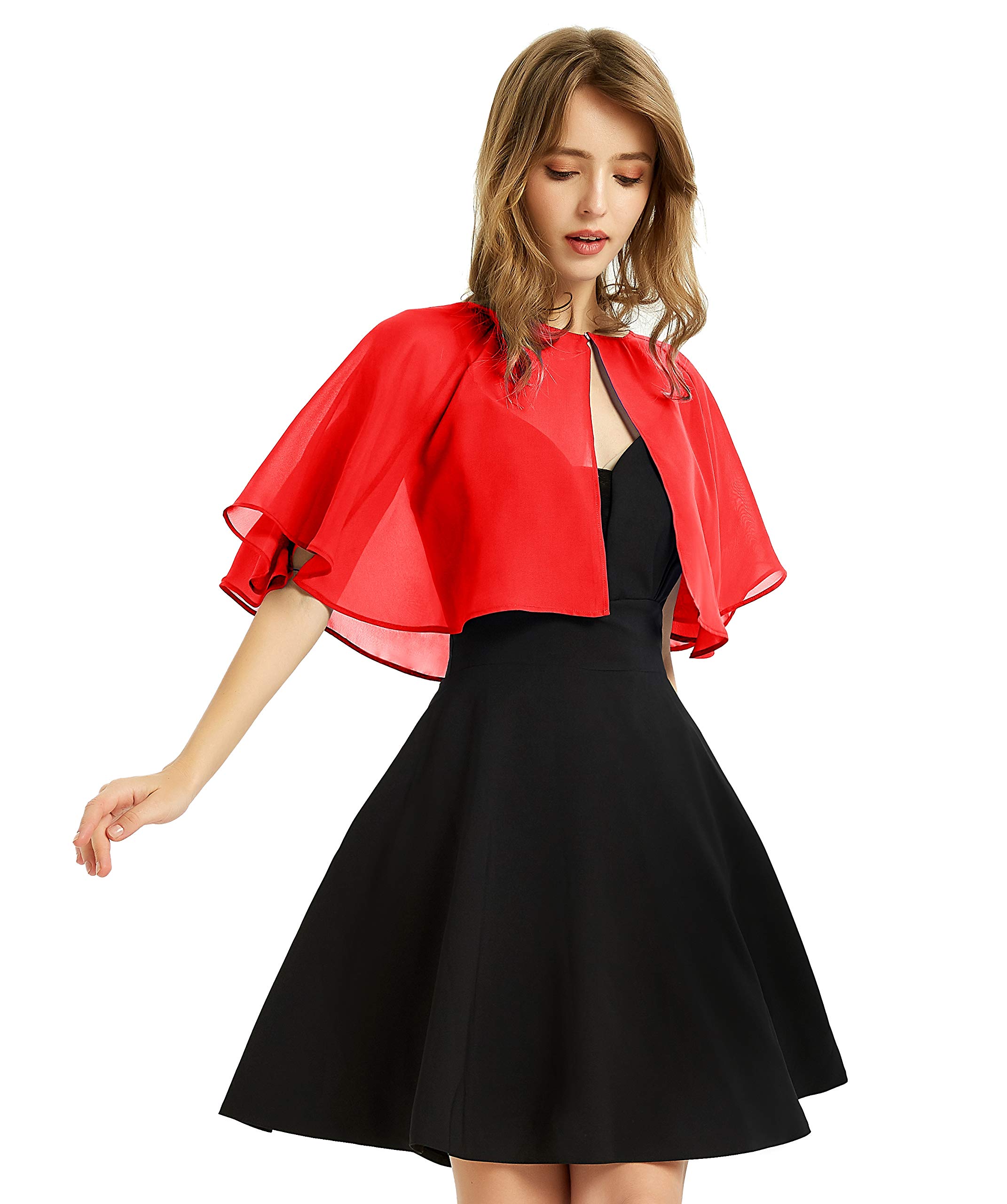 XinQi Women's Soft Chiffon Shawl Wraps Shrug for Evening Dress Wedding Cape Bolero Flapper Cover Up, Red, One Size