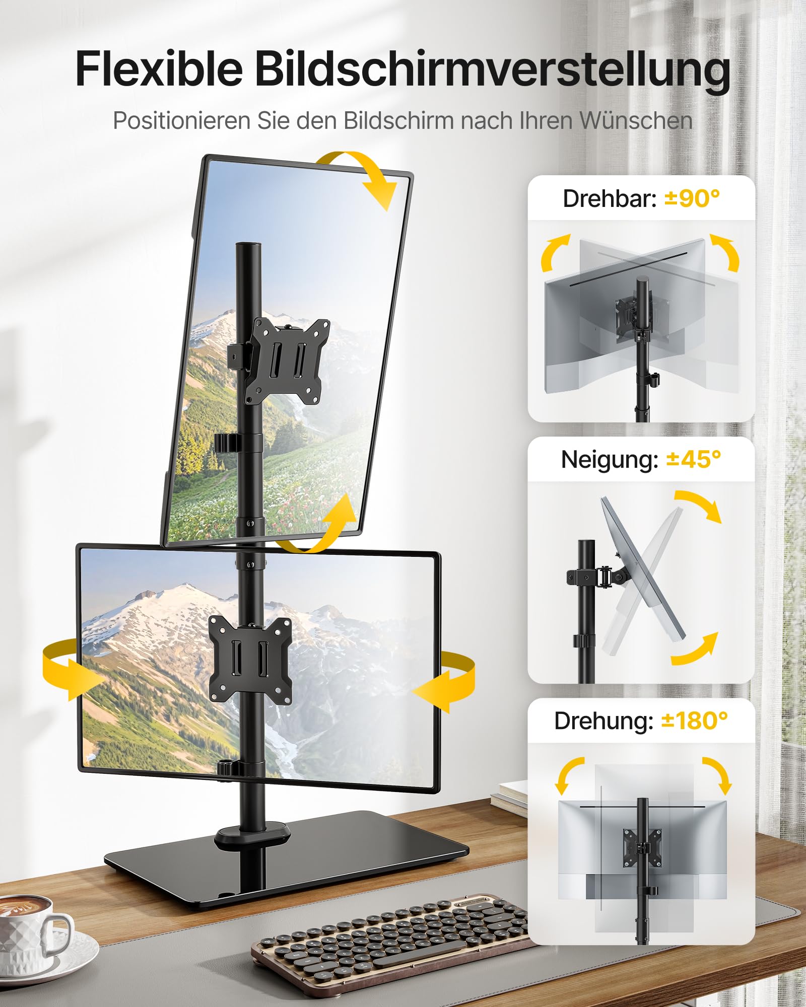 monTEK Supporto verticale Monitior 2 Monitiore con base in vetro per schermi da 17-32 pollici, portata massima 10 kg per braccio, supporto per monitor autoportante, completamente mobile e regolabile