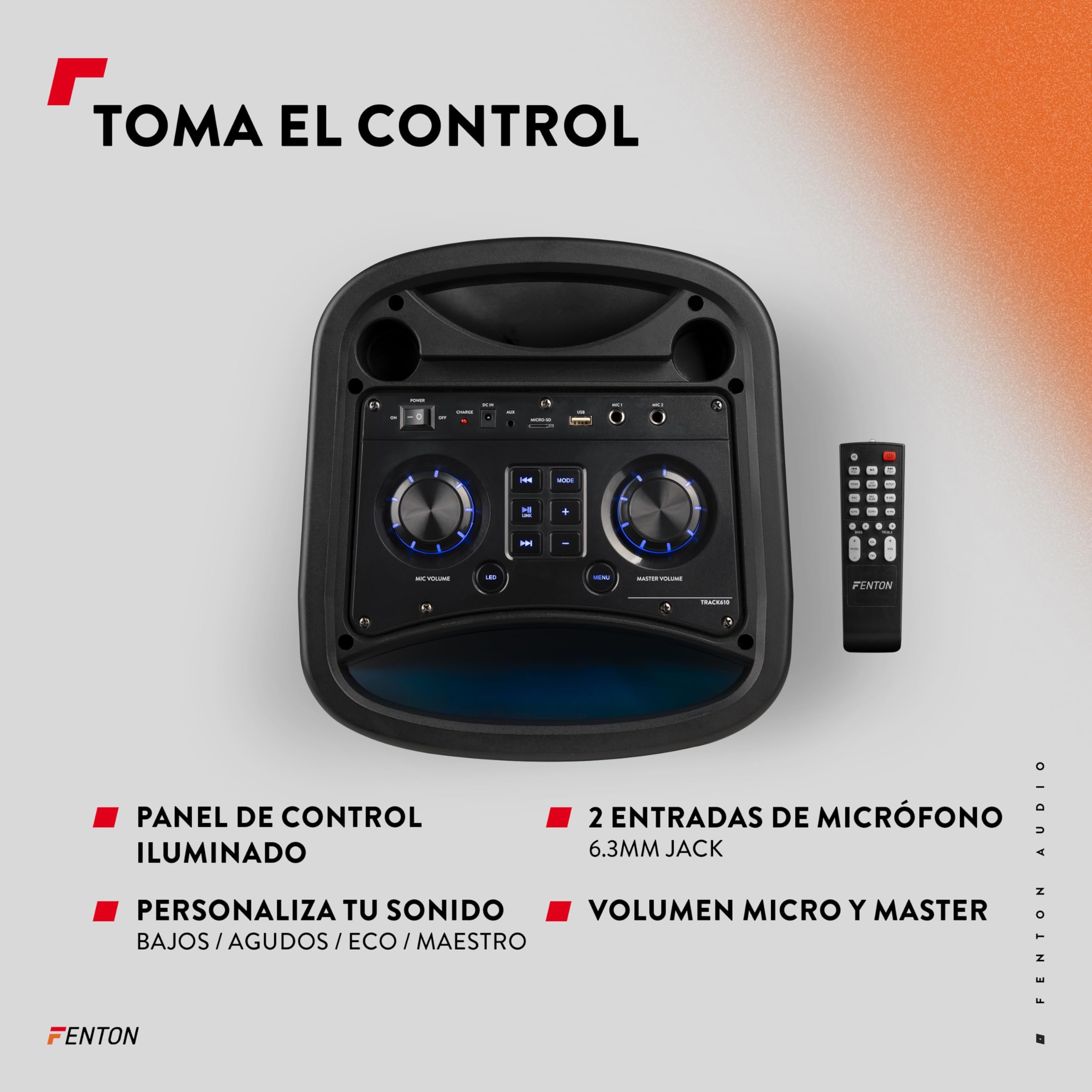 Fenton Track610 – Altavoz Bluetooth portátil 240W con micrófono con Cable, batería Recargable, Luces LED, USB, microSD, Altavoz portátil Potente Karaoke Machine, Modo Stereo Pairing, Color Negro