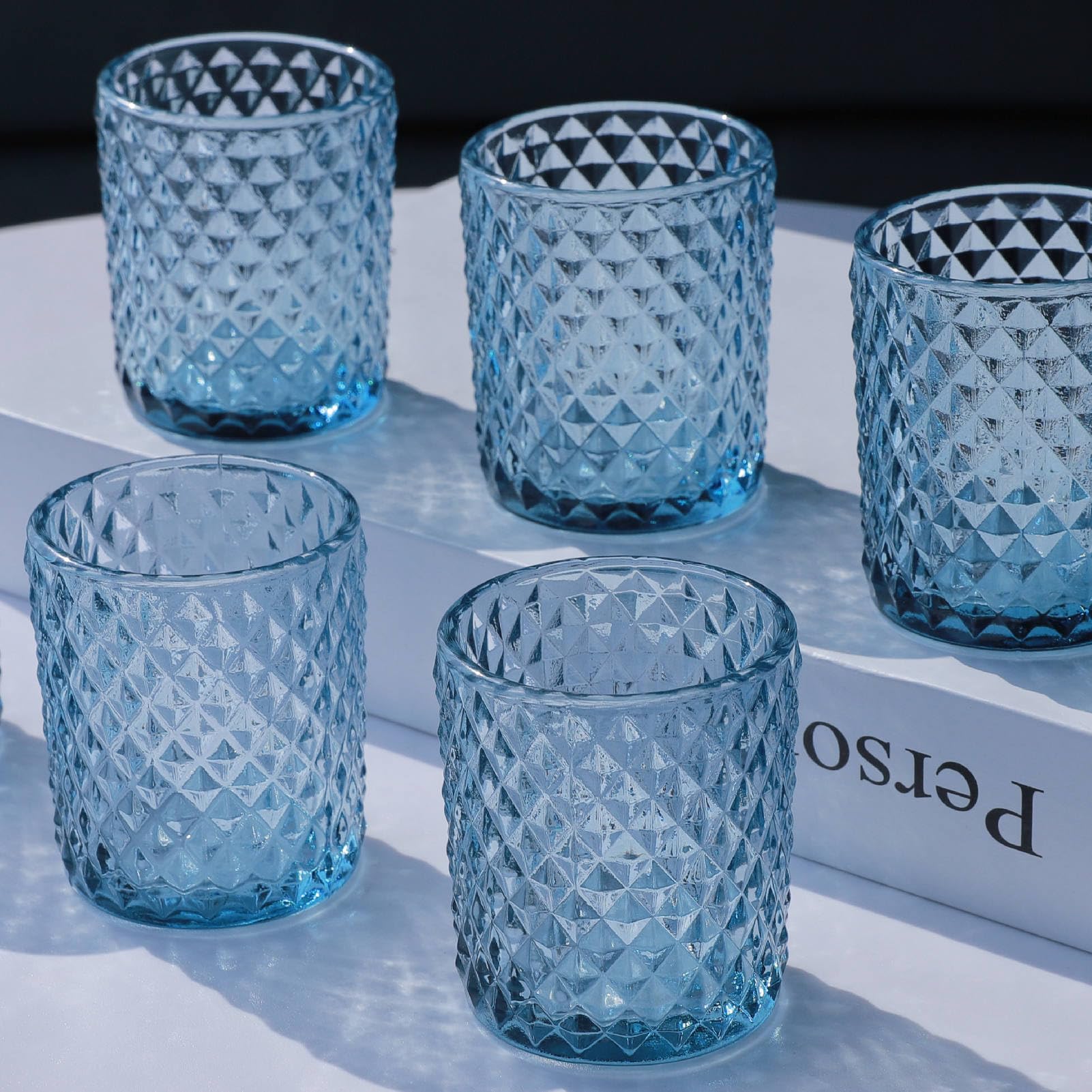 12 bicchieri da tè in vetro blu per matrimoni, decorazione da tavolo, portacandele in vetro per festa di compleanno, per decorazione della casa