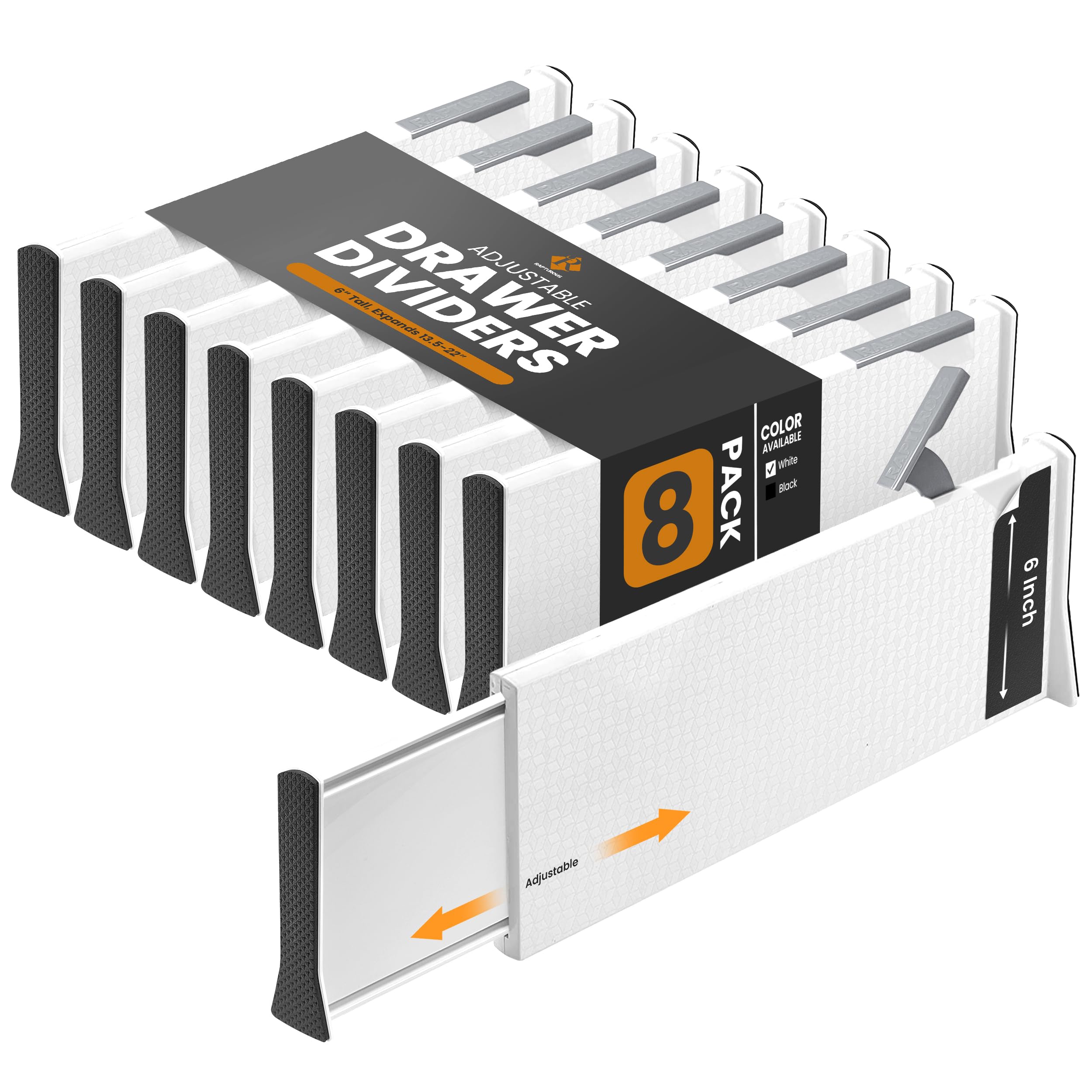 RAPTUROUS Adjustable Deep Drawer Divider – 6" Tall, Expandable 13-22", 8-Pack, Non-Slip Drawer Dividers for Clothes, Dresser, Kitchen & Office