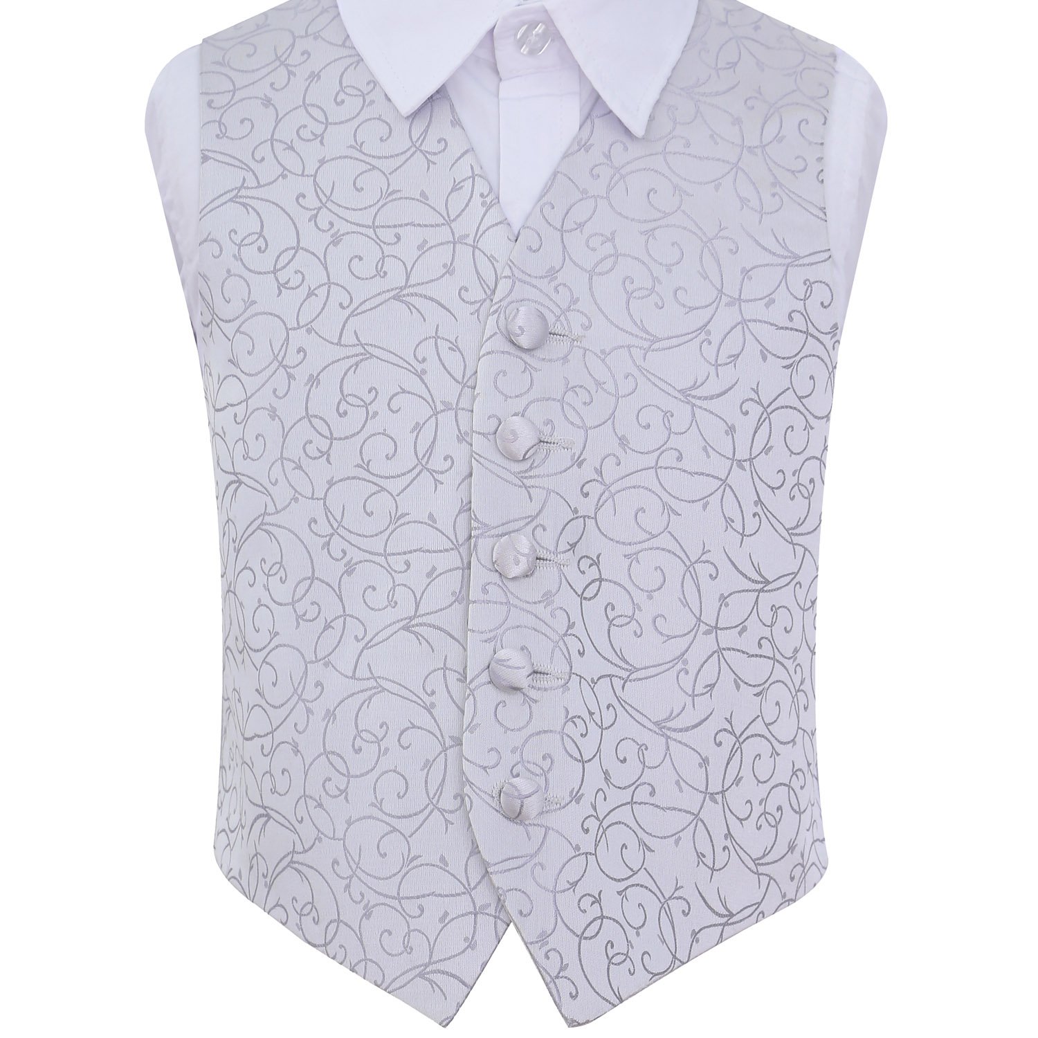 DQT Boys Swirl Floral Jacquard Wedding Waistcoat for Page Boy and Formal Suit - Silver 11-12 Years 32"