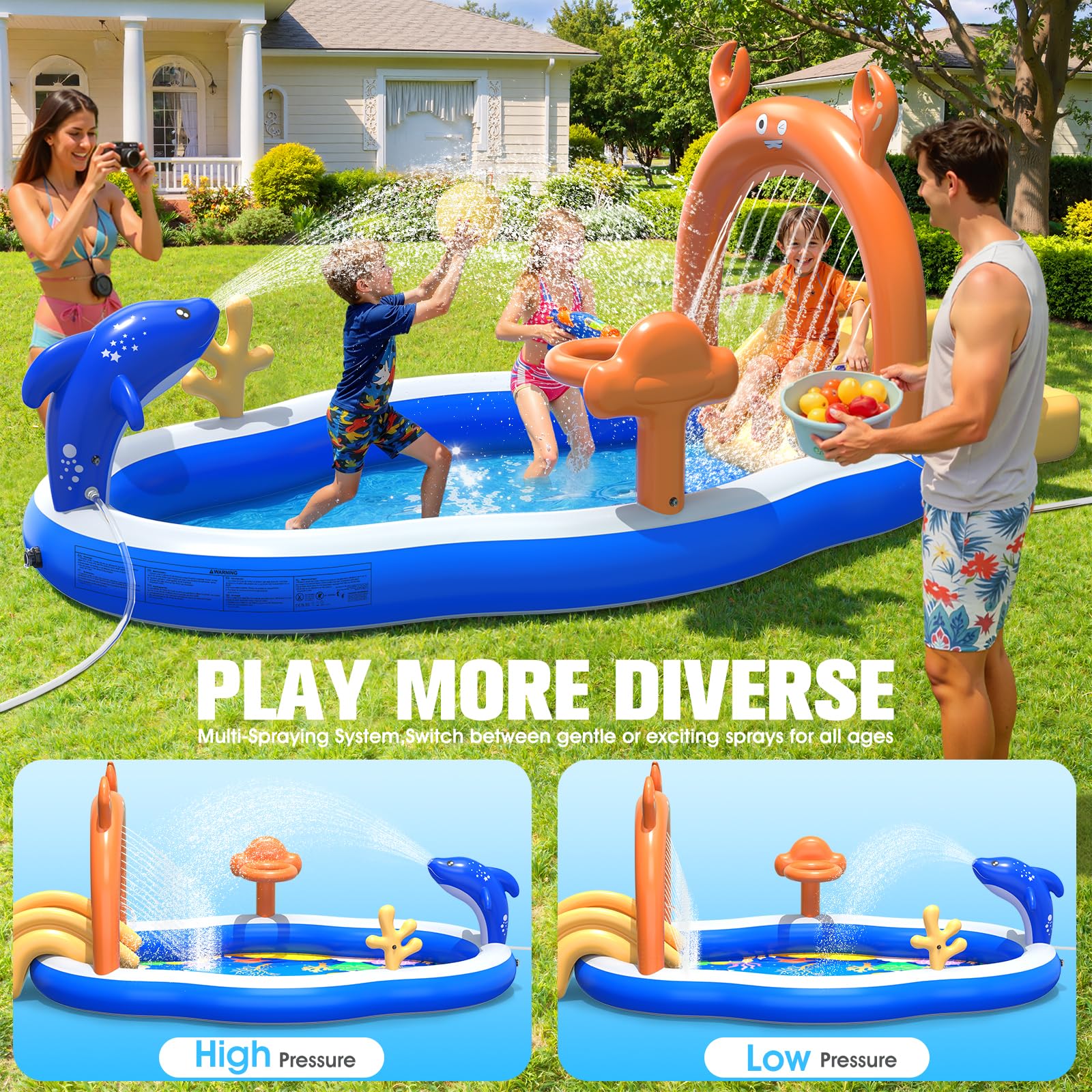 KingSom Aire de Jeu Aquatique Gonflable, Piscine Gonflable Enfant avec Toboggan, Arroseur, Pataugeoire Gonflable Épaiss Jet d'eau, Jeux Exterieur Piscine Gonflable Familiale pour Jardin,305x178x127 cm