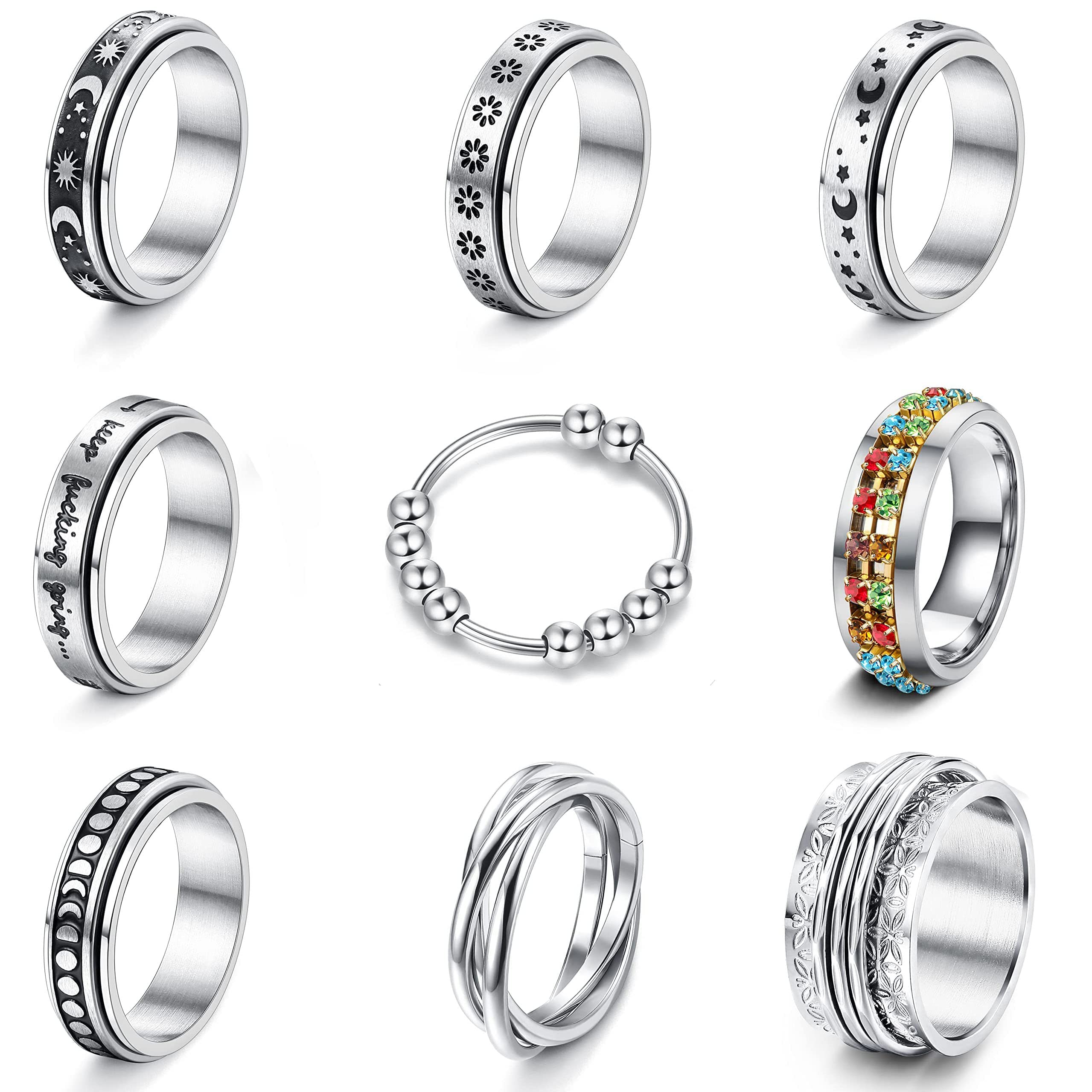 FIOROYAL9Pcs Multi-Style Fidget Anxiety Stress Relieving Rings for Women Men Star Moon Flower Bead Spinner Rings Set Size 52mm-65mm