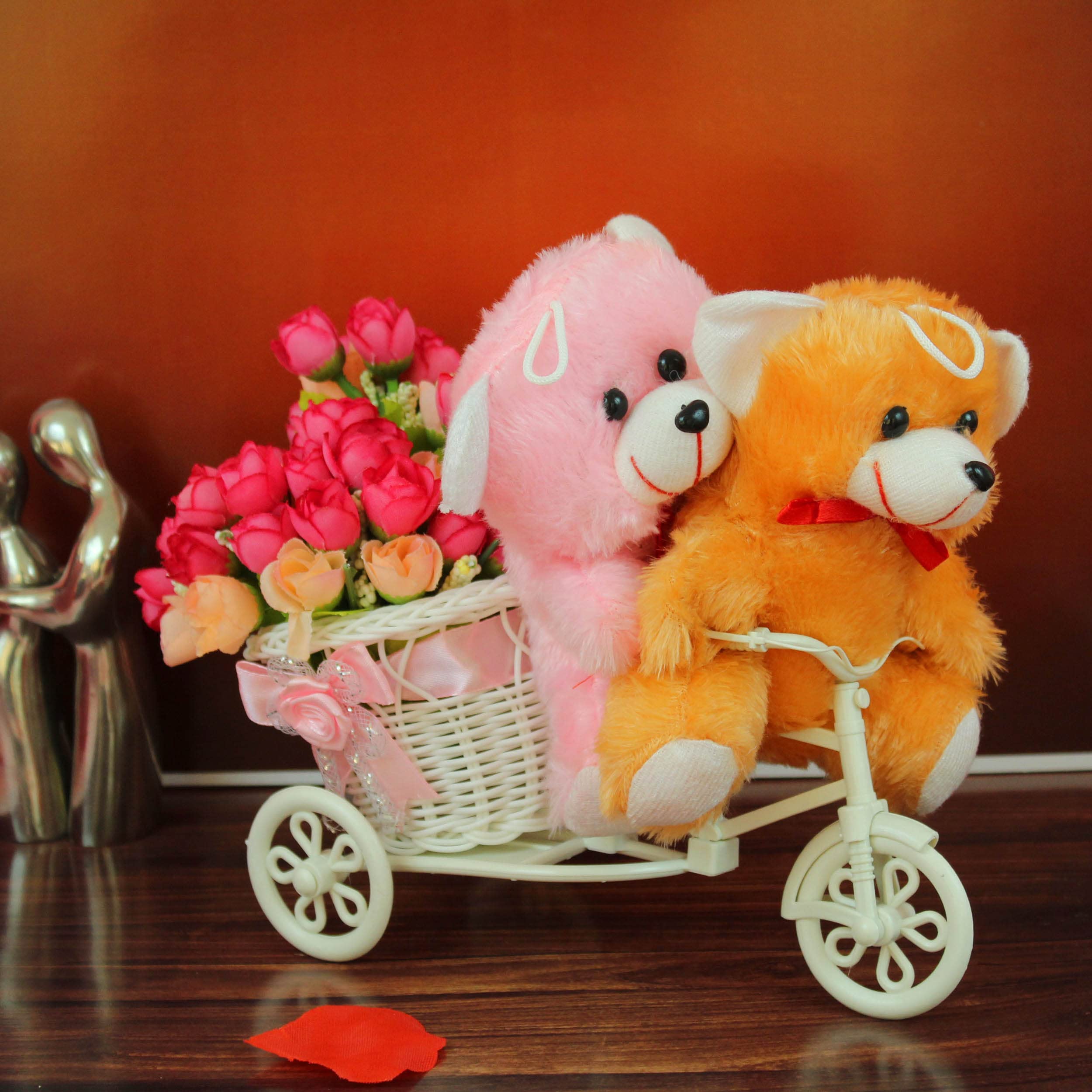 TIED RIBBONS Valentine Gift Decorative Cycle Flower Vase with Artificial Flowers and Teddy Bear Combo Anniversary Wedding Birthday Valentine Gift for Husband Wife Girlfriend Boyfriend