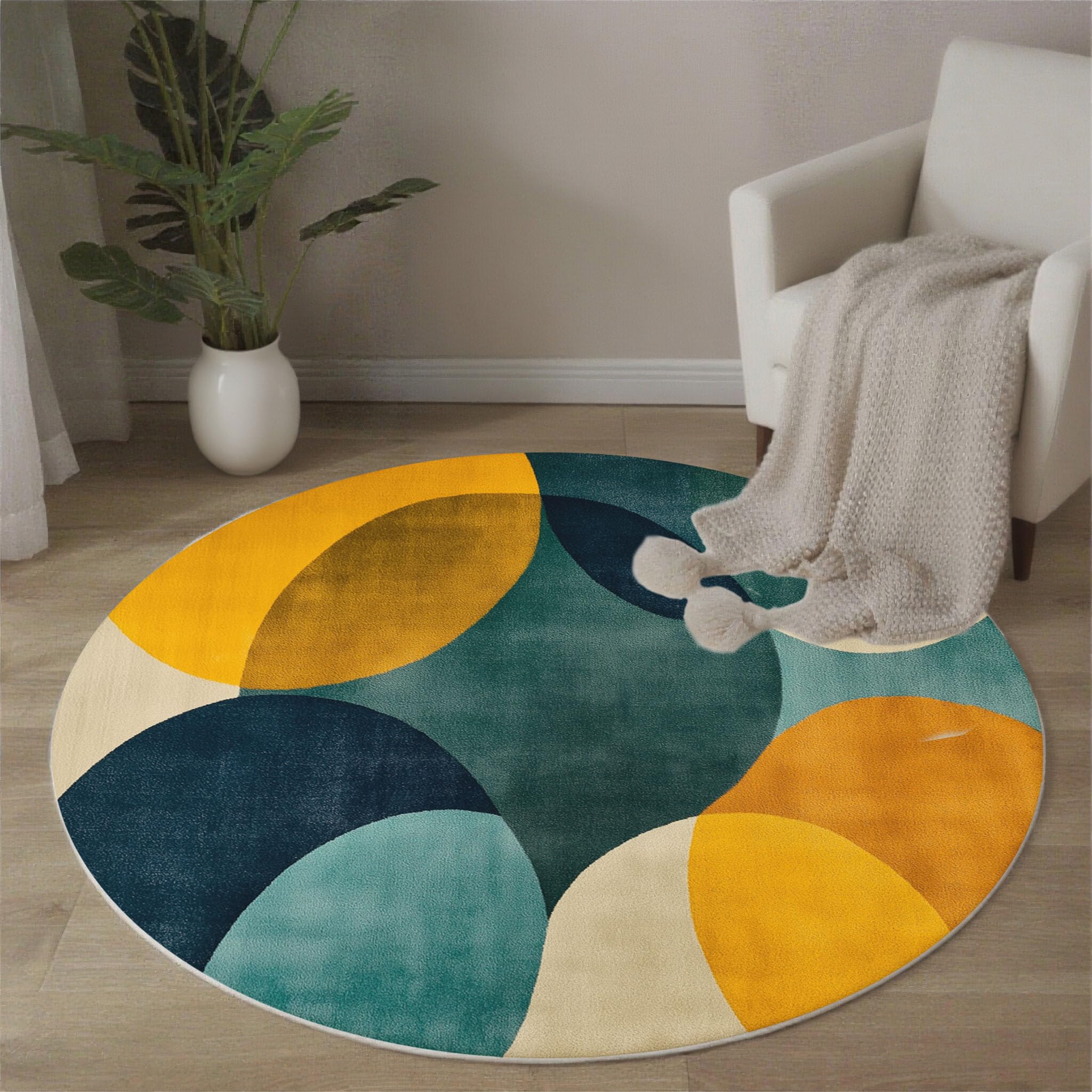 Modernismus Teppich Rund 100cm rutschfest Teppiche Wohnzimmer Geometrische Kreise Waschbar Teppiche Kurzflor Weich Runder Teppich Senfgelb for Wohnzimmer Schlafzimmer Studie Esszimmer