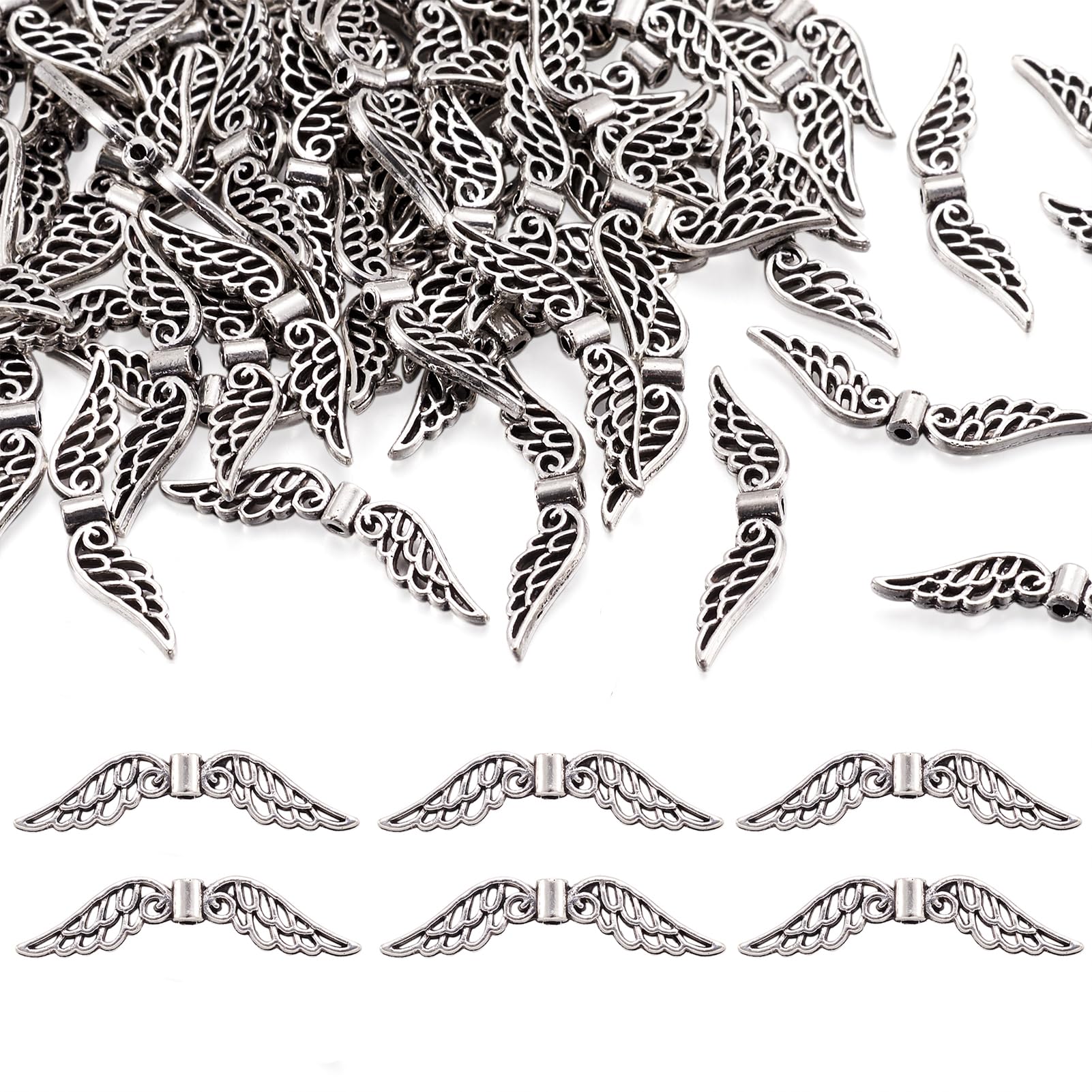 FASHEWELRY 100Pcs Antique Silver Filigree Angel Wing Spacer Beads Tibetan Metal Hollow Fairy Wing Charm Beads 7x32mm for Jewelry Craft Making